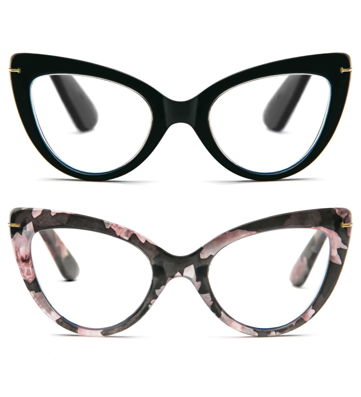 MMOWW 2-Pack Cat Eye Reading Glasses for Women - Stylish Blue Light Blocking Trendy Black & Pattern Comfortable Large Fit (3.0x) - Buy Online on GoSupps.com