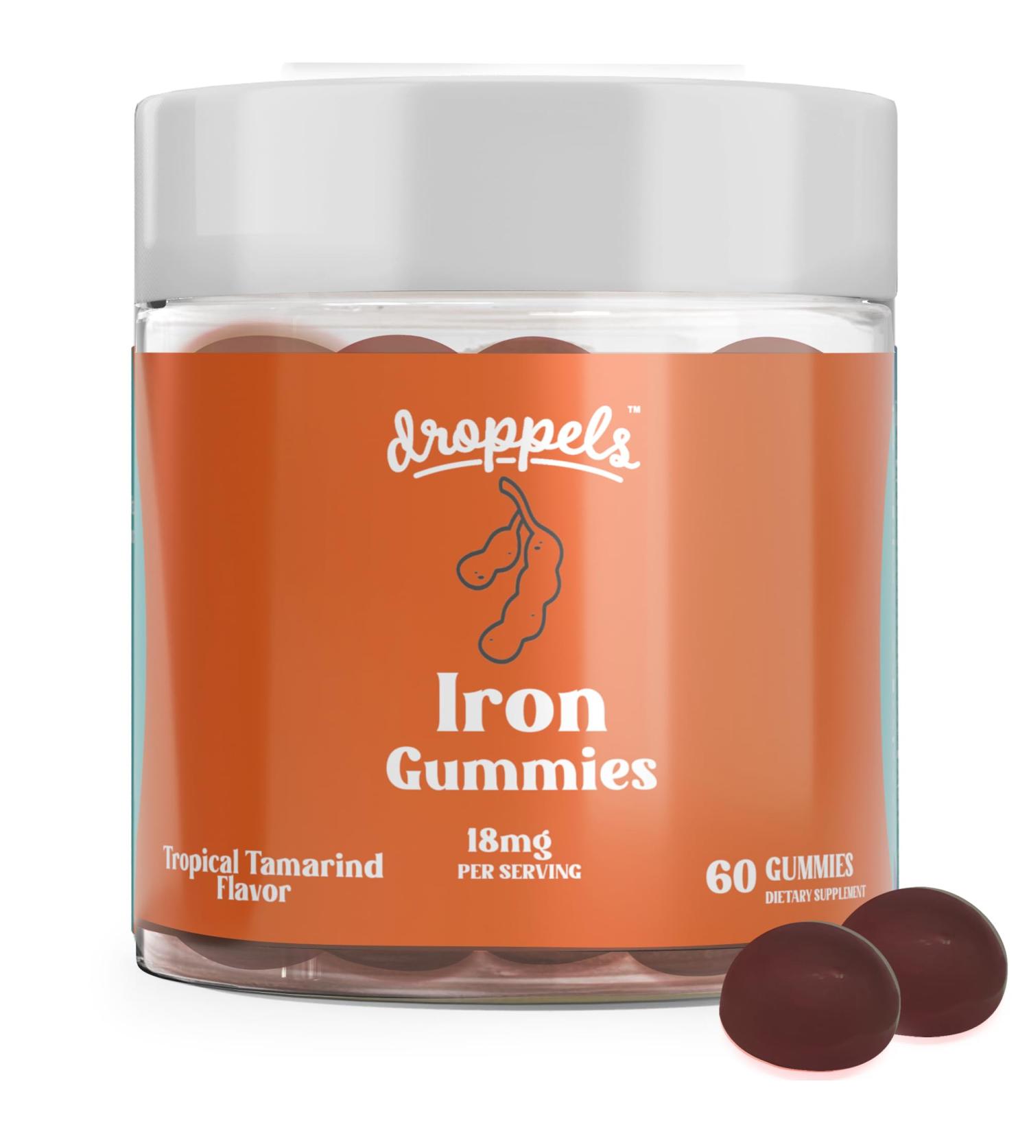 Droppels Iron Gummies 18mg for Women and Men Vegan Plant-Based Iron Supplement | Supports Energy & Blood Health | Pectin-Based Non-GMO Gluten & Gelatin Free | Tamarind Flavor 60 Count - Buy Online on GoSupps.com