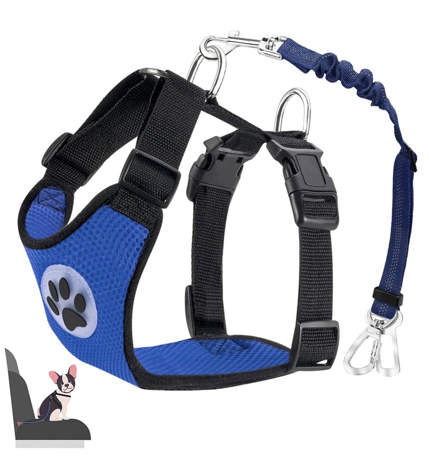 Eyin Dog Harness with Seat Belt for Car - Adjustable & Breathable | 2 Carabiner Hooks | Child Safety Seat & Trunk | Blue M - Buy Online on GoSupps.com