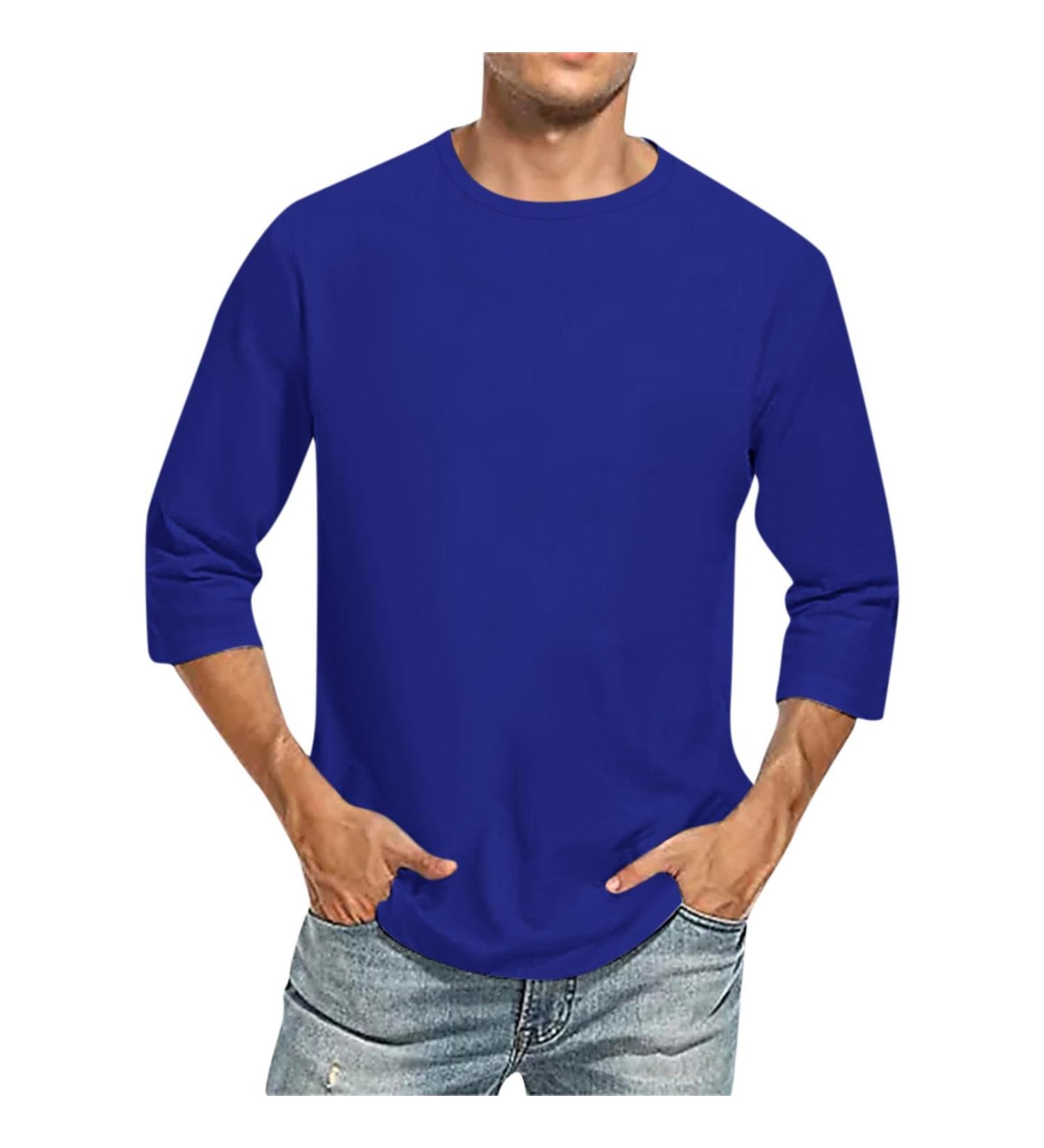 Buy Dark Blue Round-Necked 3/4 Arm T-Shirts for Men | Basic Grandad & Leisure Shirts - International Shipping - Buy Online on GoSupps.com