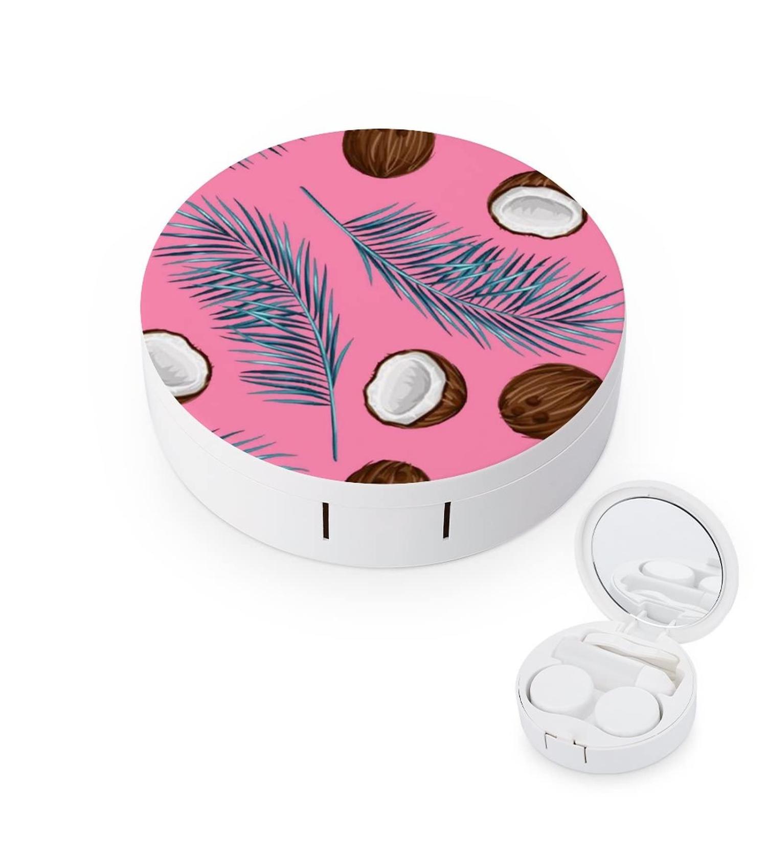 Coconuts And Leaves Round Case For Contact Lens Kit Storage Box with Mirror Printed - Buy Online on GoSupps.com