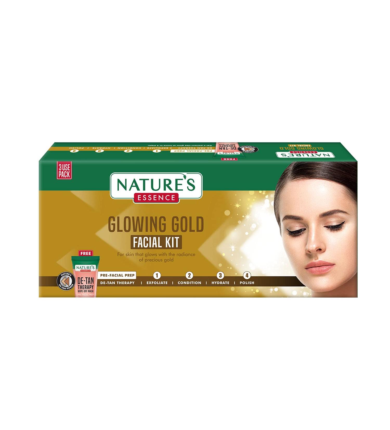Nature's Essence Glowing Gold Facial Kit - Achieve Radiant Skin | 60g + 15ml | International Shipping Available - Buy Online on GoSupps.com