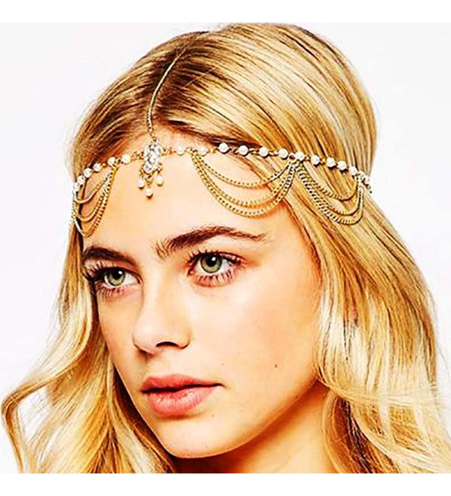 Zoestar Bridal Pearl Head Chain Gold Crystal Pendant Headpiece Boho Festival Headband Wedding Hair Jewelry for Women and Girls - Buy Online on GoSupps.com