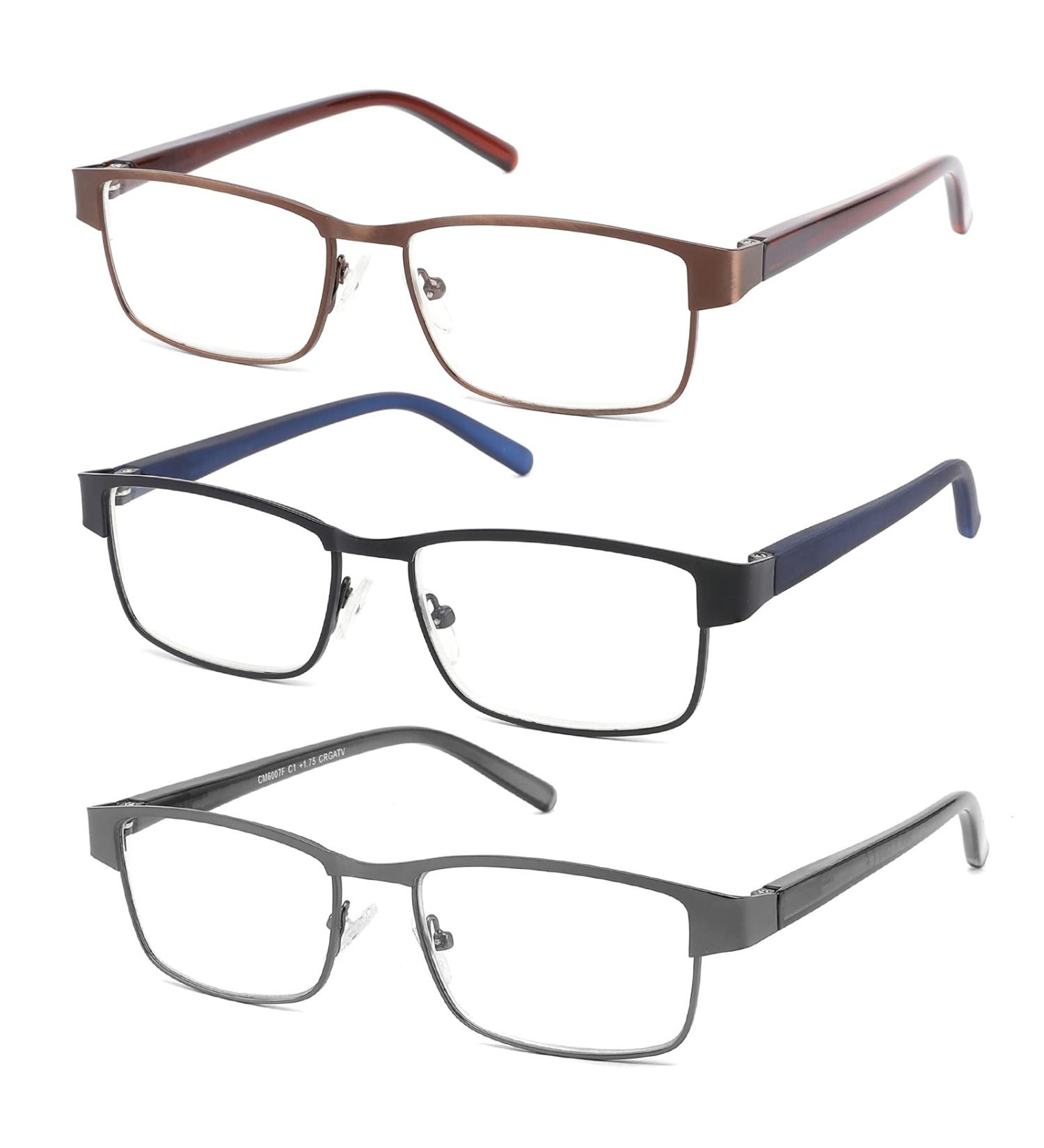 CRGATV 3-Pack Reading Glasses for Men | Blue Light Blocking | Metal Full Frame | Anti UV/Eye Strain | +2.0 Magnification | Mixed Colors - Buy Online on GoSupps.com