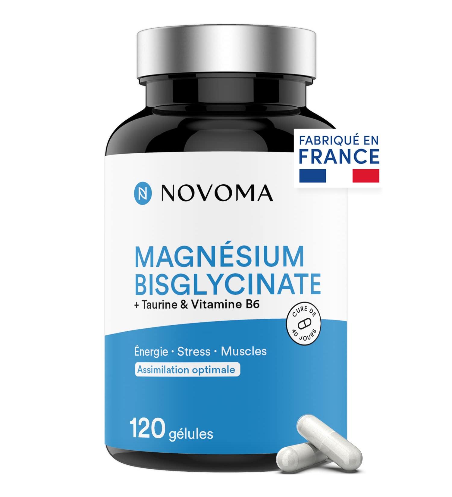 NOVOMA Magnesium Bisglycinate + Taurine & Vitamin B6 High Content 300mg /day 120 capsules Fights Fatigue and Stress Better Absorbed than Magnesium Marin Made in France - Buy Online on GoSupps.com