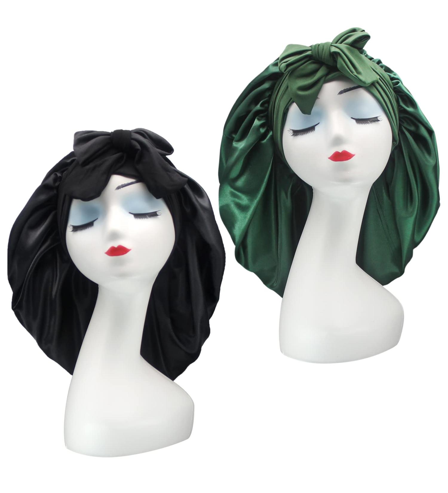 Hanbertti Silk Satin Hair Bonnet 2 Pack - Adjustable Bonnet for Curly Hair - Black+Dark Green - Ideal for Sleeping - Women/Girls - Buy Online on GoSupps.com