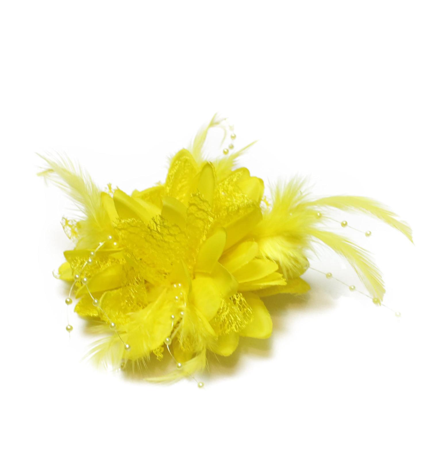 Yellow Flower Feather Bead Corsage Hair Clip - Fascinator Hairband and Pin - Buy Online on GoSupps.com