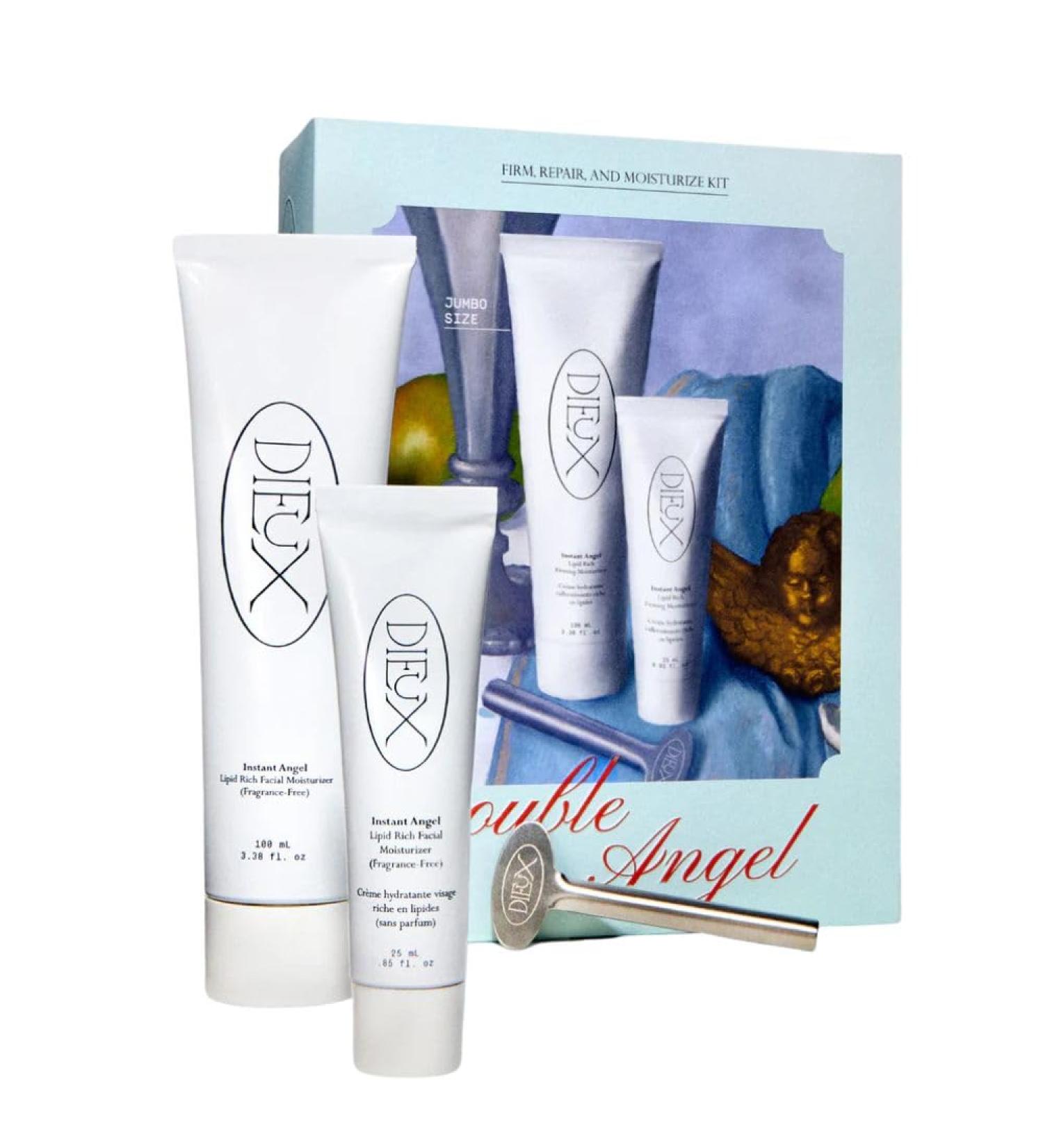 Dieux Double Angel Firm Repair & Moisturize Kit: Instant Angel Moisturizer Jumbo & Travel Set with Peptides Lipids & Ceramides