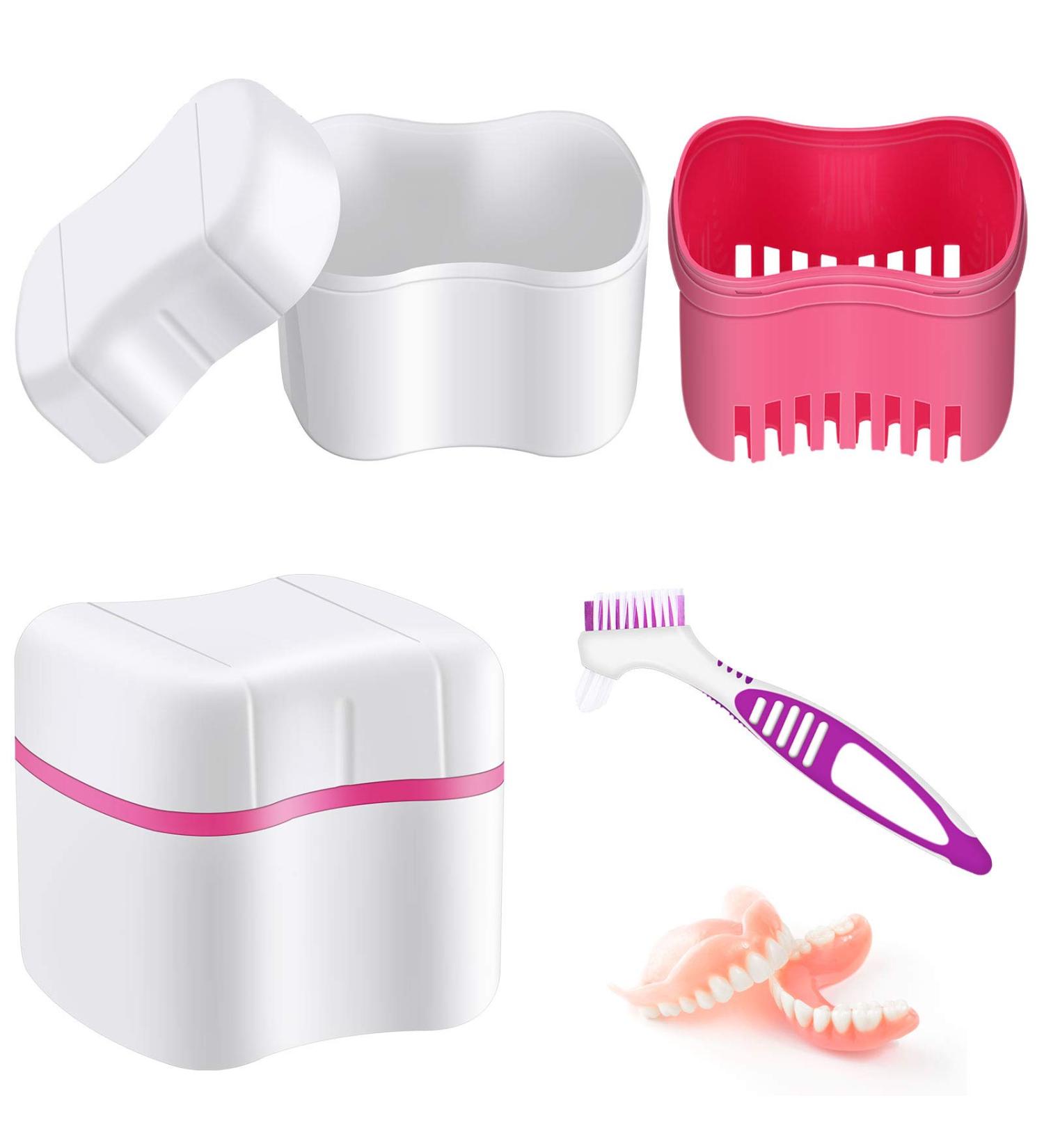 Denture Bath Case with Denture Cleaner Brush Denture Toothbrush Denture Cup Denture Box Bath Denture Container with Basket Denture Holder Denture Brush Retainer for Travel Retainer Cleaning (Red) - Buy Online on GoSupps.com