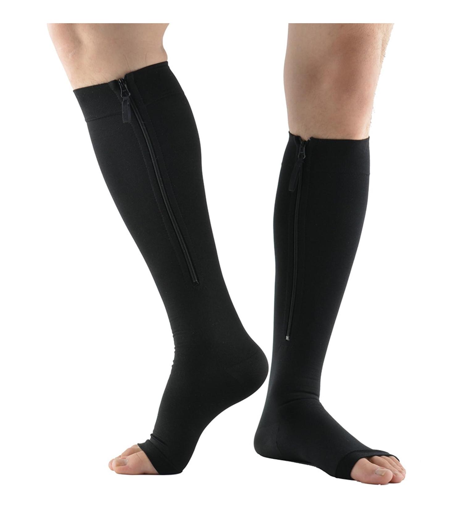 MDRCG 15-20 mmHg Zipper Compression Socks for Men & Women | Open Toe Knee High Support Stockings - Black - Buy Online on GoSupps.com