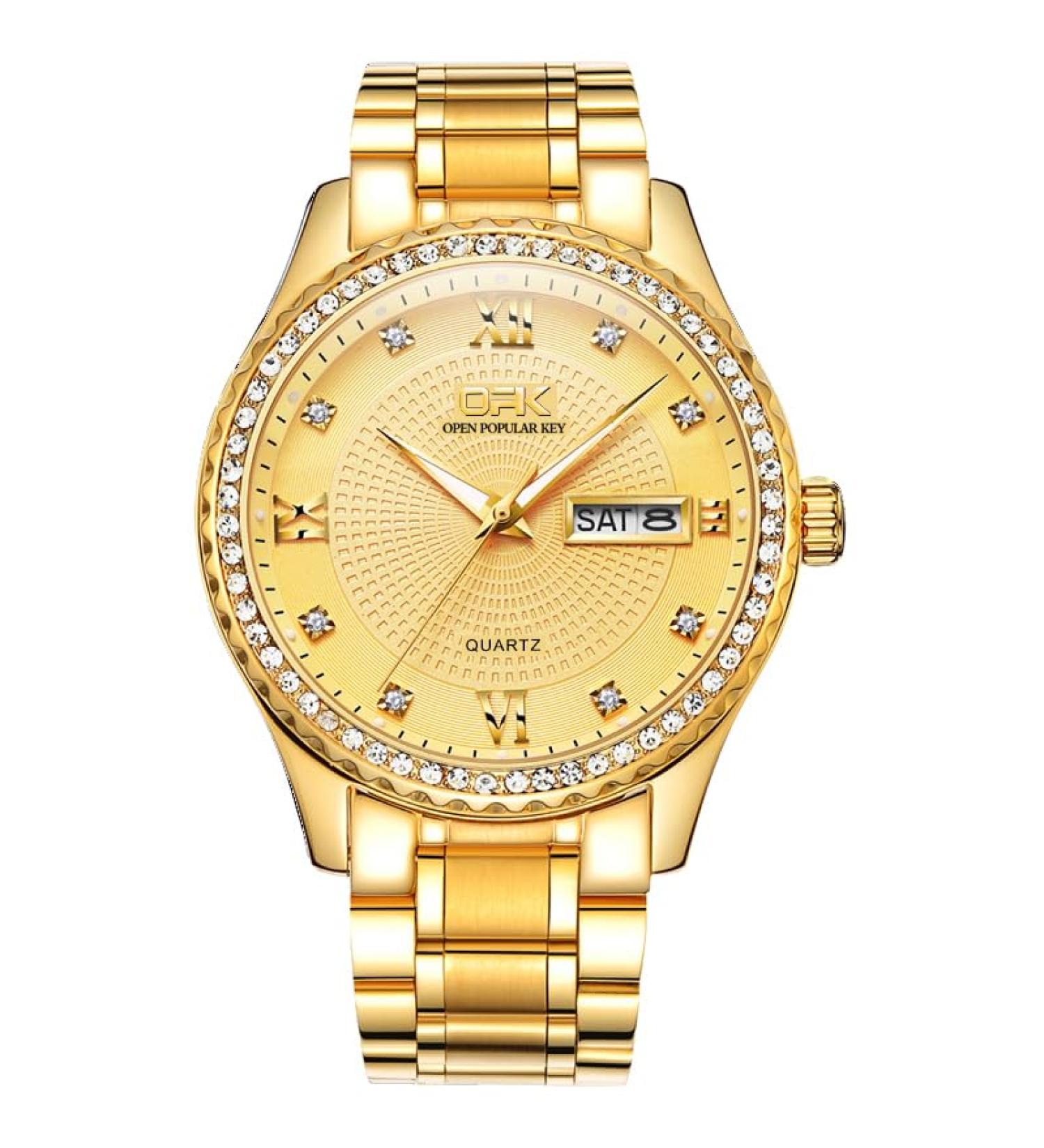 OPK Men's Diamond Stainless Steel Calendar Watch - Analog Quartz Luxury Business Luminous Waterproof Dress Wristwatch in Gold - Buy Online on GoSupps.com