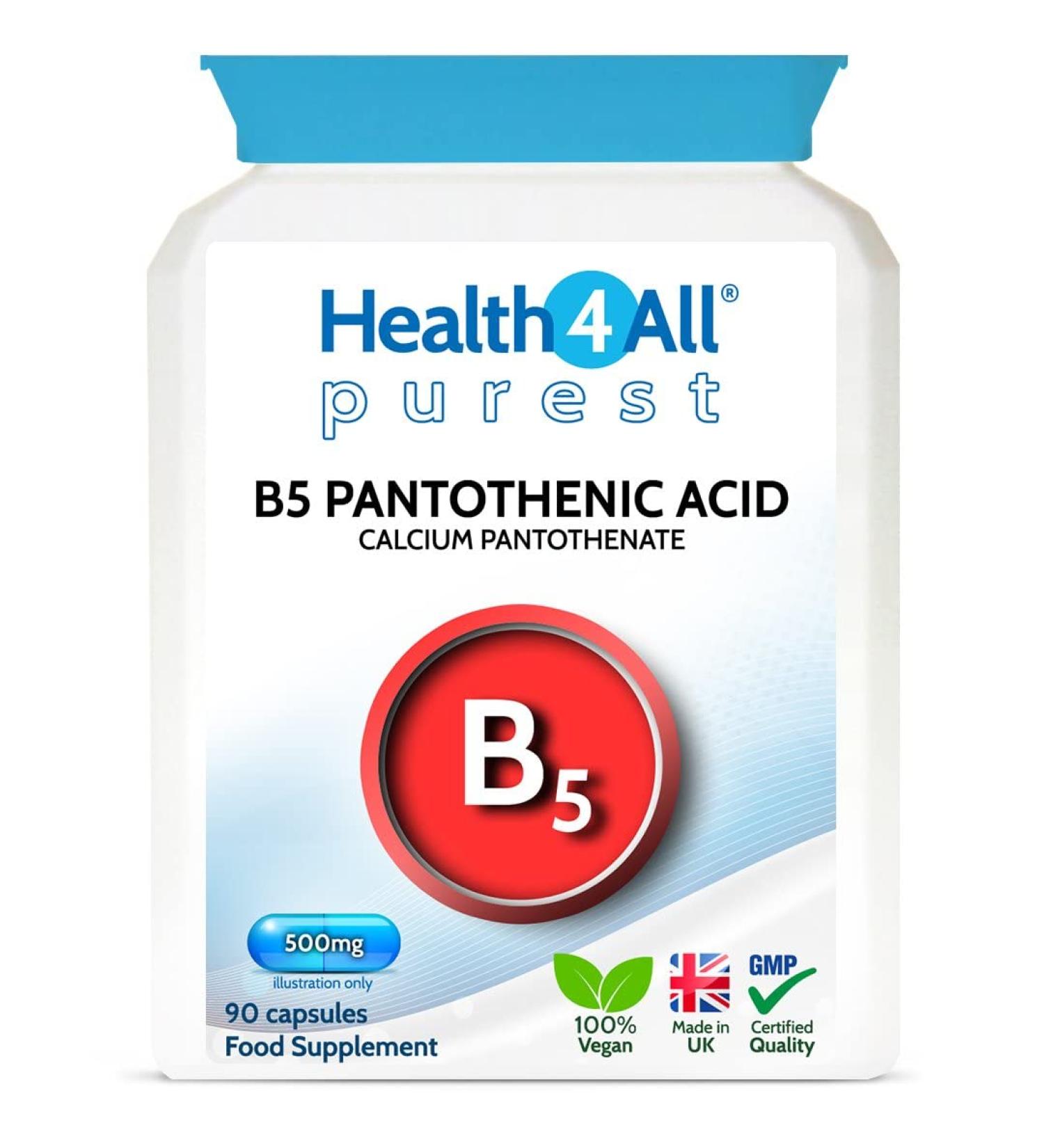 Vitamin B5 Pantothenic Acid 500mg 90 Capsules (V) (not Tablets) Purest: No Additives Vegan. Made in The UK by Health4All. 90 Count (Pack of 1) - Buy Online on GoSupps.com