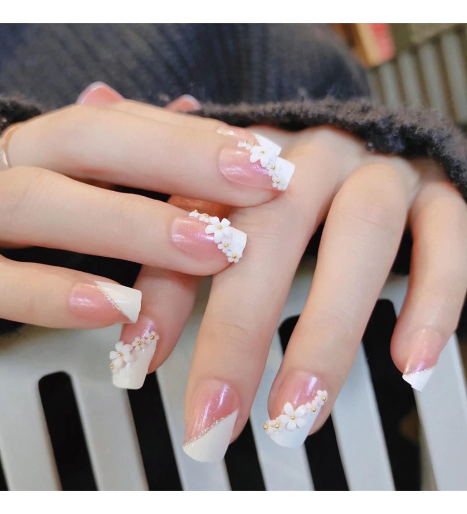Splicing Flower French Press on Nails with Sequins Charms - Fake Nails for Women | Full Cover Coffin Spring Summer - Buy Online on GoSupps.com