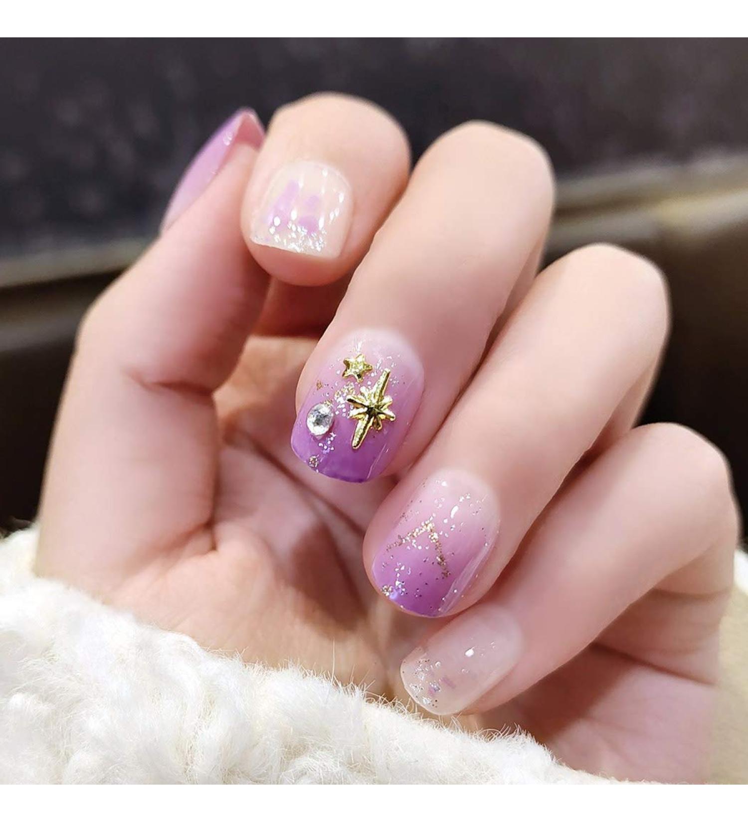 Sethexy Purple Gradient Sparkle Squoval Short False Nails - 24 Pieces Complete Cover Acrylic Nail Tips for Women & Girls | Glossy Finish - Buy Online on GoSupps.com