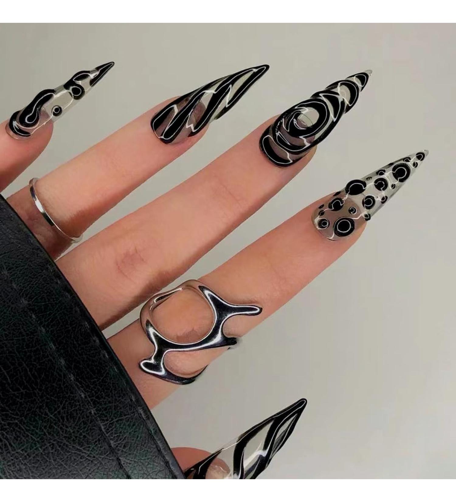 Black Stiletto Press-On Nails | 3D Irregular Design | Y2K Acrylic Halloween Fake Nails for Women - Buy Online on GoSupps.com