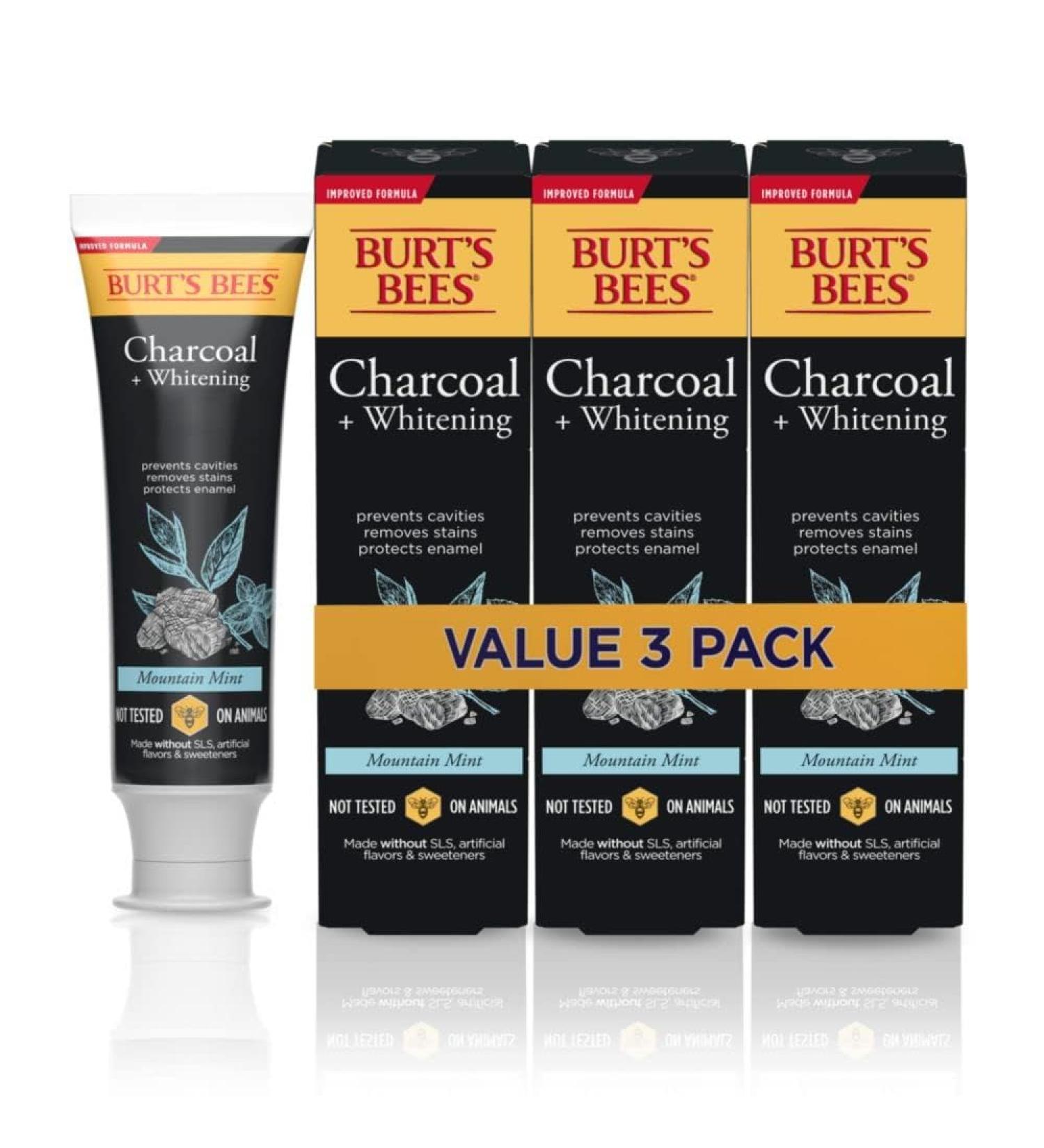 Burt's Bees Toothpaste Natural Flavor Charcoal with Fluoride Toothpaste Mountain Mint 3 x 4.7oz - Buy Online on GoSupps.com