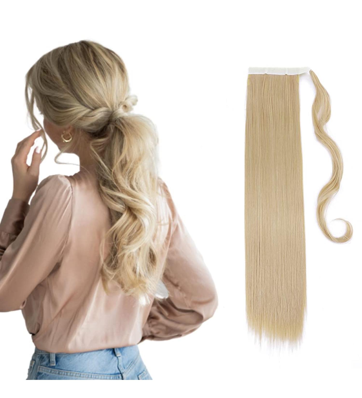 23" Long Straight Wrap Around Ponytail Clip in Hair Extensions One Piece Hairpiece Magic Tape in Pony Tail Extension for Women Dark Blonde mix Bleach Blonde - Buy Online on GoSupps.com