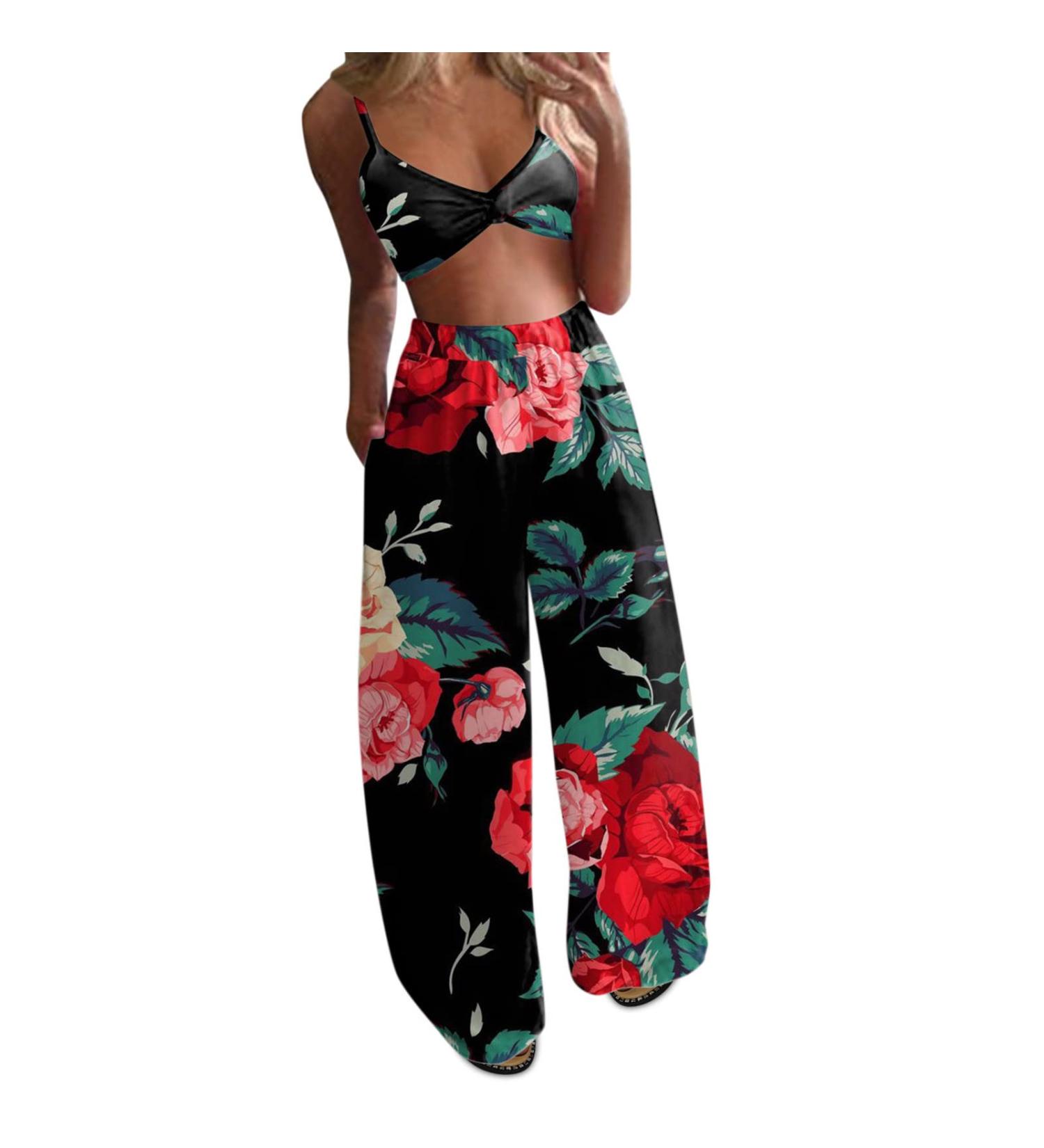 Pieces Leg Women Pants Set - Black Boho Wide Crop Top & Loose Pants Suit (Size L) - Buy Online on GoSupps.com