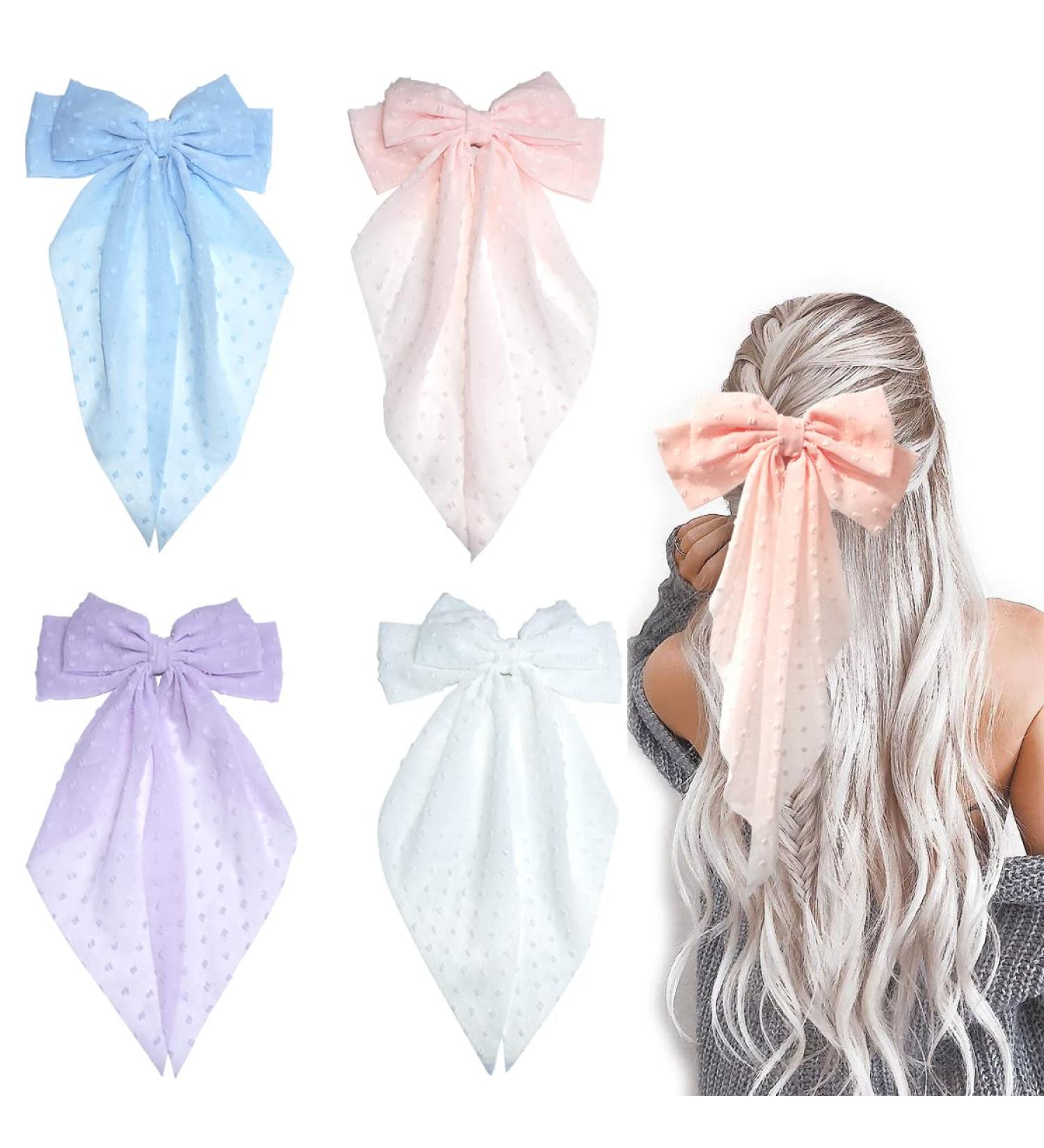 Large Chiffon Hair Bows Clips Set - Wedding & Bridesmaid Hair Accessories - White/Pink/Blue/Purple (4pcs) - Buy Online on GoSupps.com