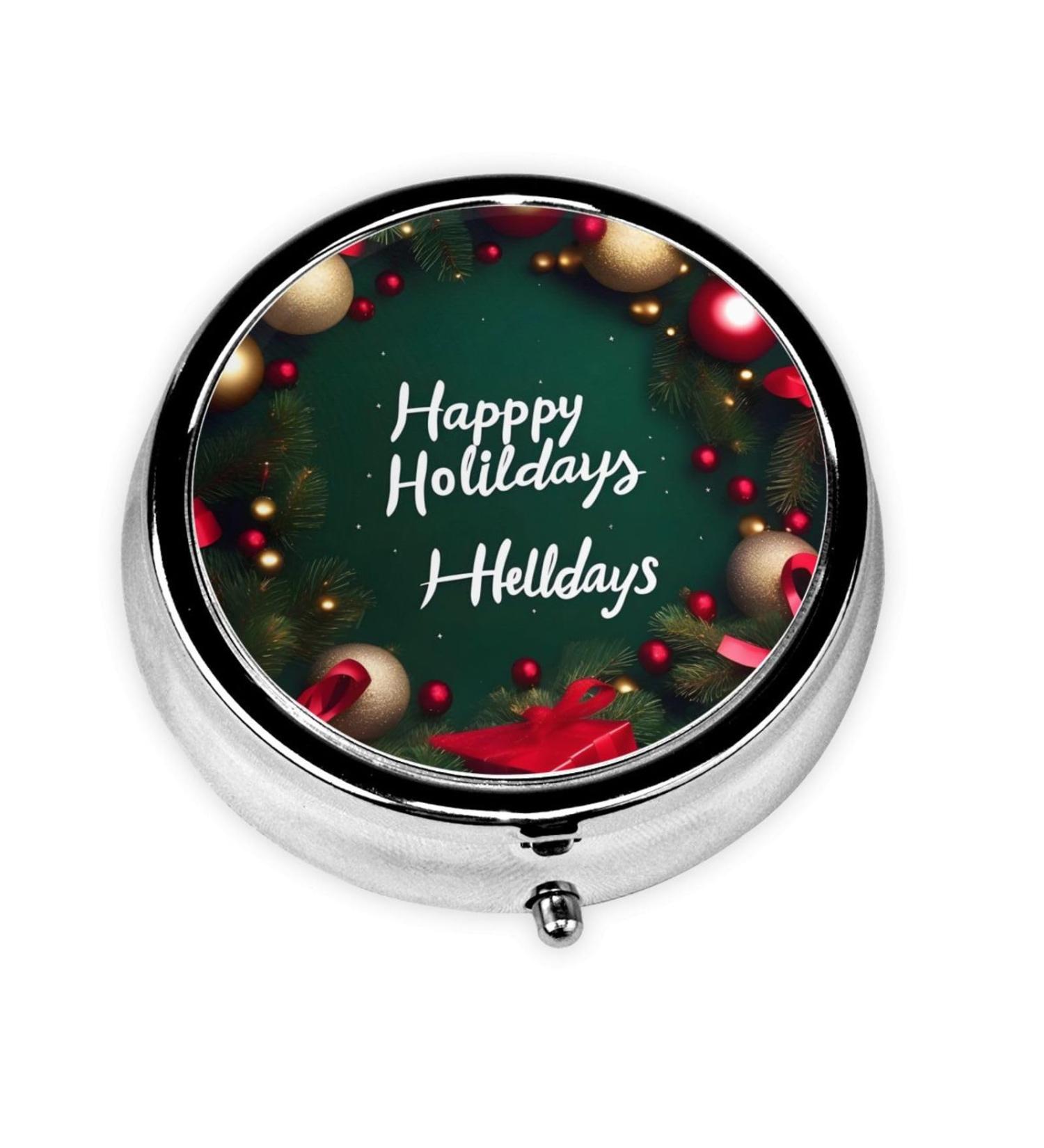 Happy Holidays Round Pill Box | 3 Compartment Portable Travel Organizer for International Shipping - Buy Online on GoSupps.com