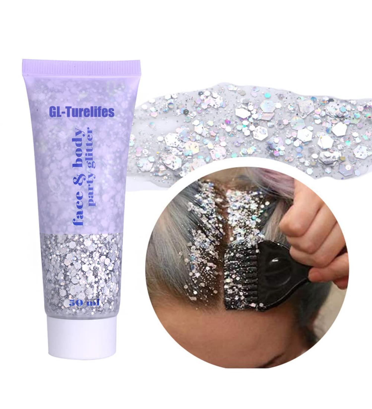 GL-Turelifes Chunky Glitter Gel 50ml - Silver Festival Body & Hair Glitter, Long Lasting Liquid Eyeshadow - Easy to Apply & Remove - Buy Online on GoSupps.com