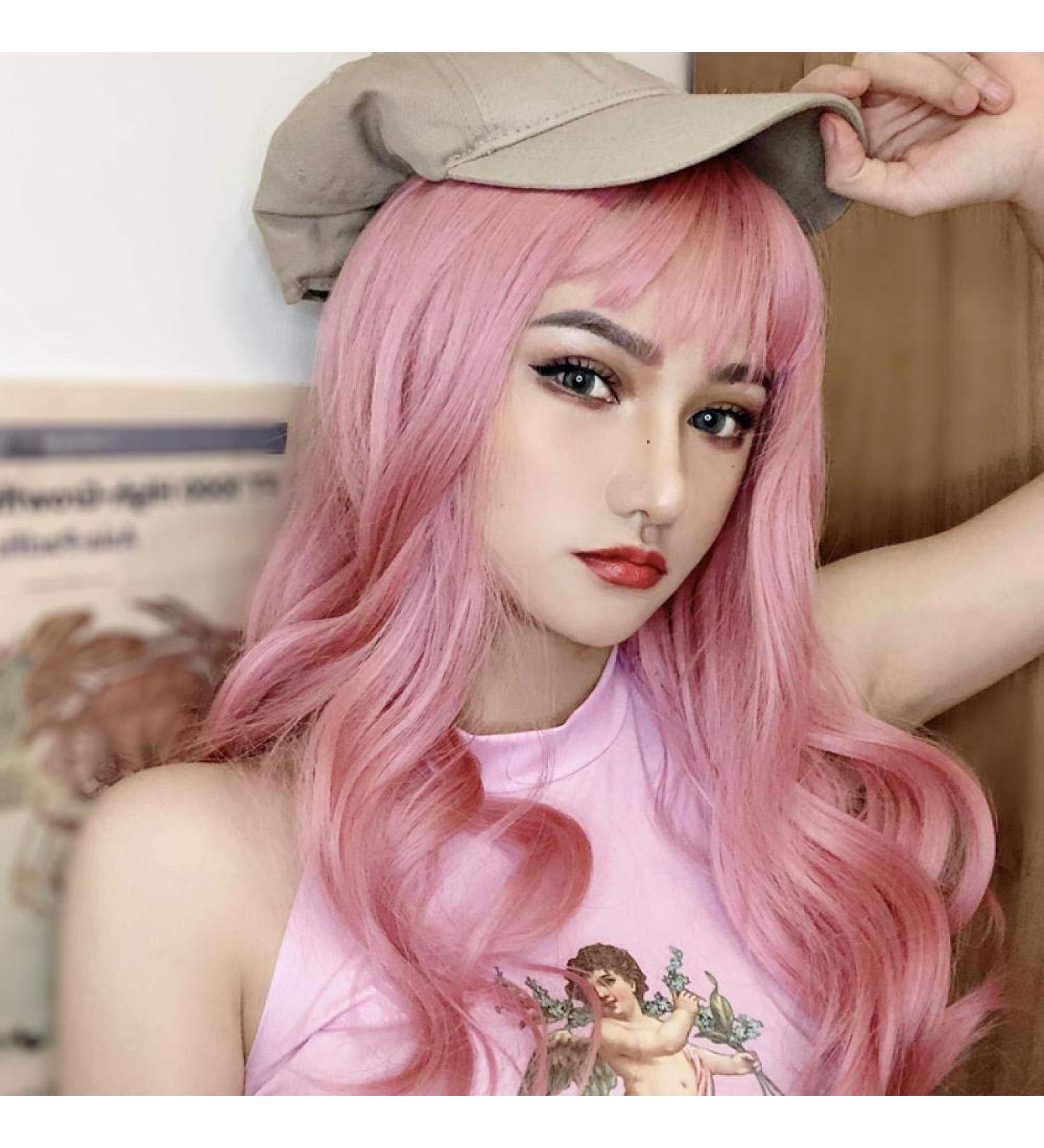 BGHJUE Long Curly Wig for Women - Fluffy Big Wave with Air Bangs - Natural Pink Hair Set | International Shipping Available - Buy Online on GoSupps.com