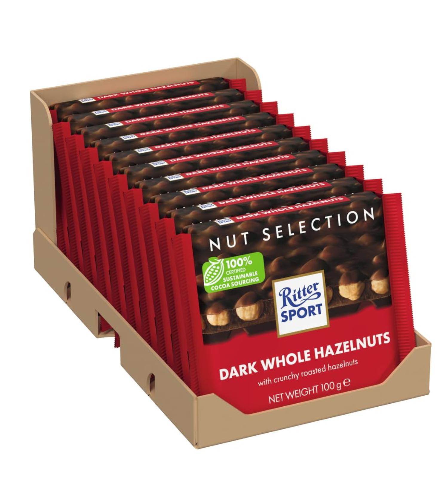 Ritter Sport RITTER SPORT - Dark Chocolate with Whole Hazelnuts - 100g Bar Dark Chocolate - Take it anywhere - Box of 10 bars