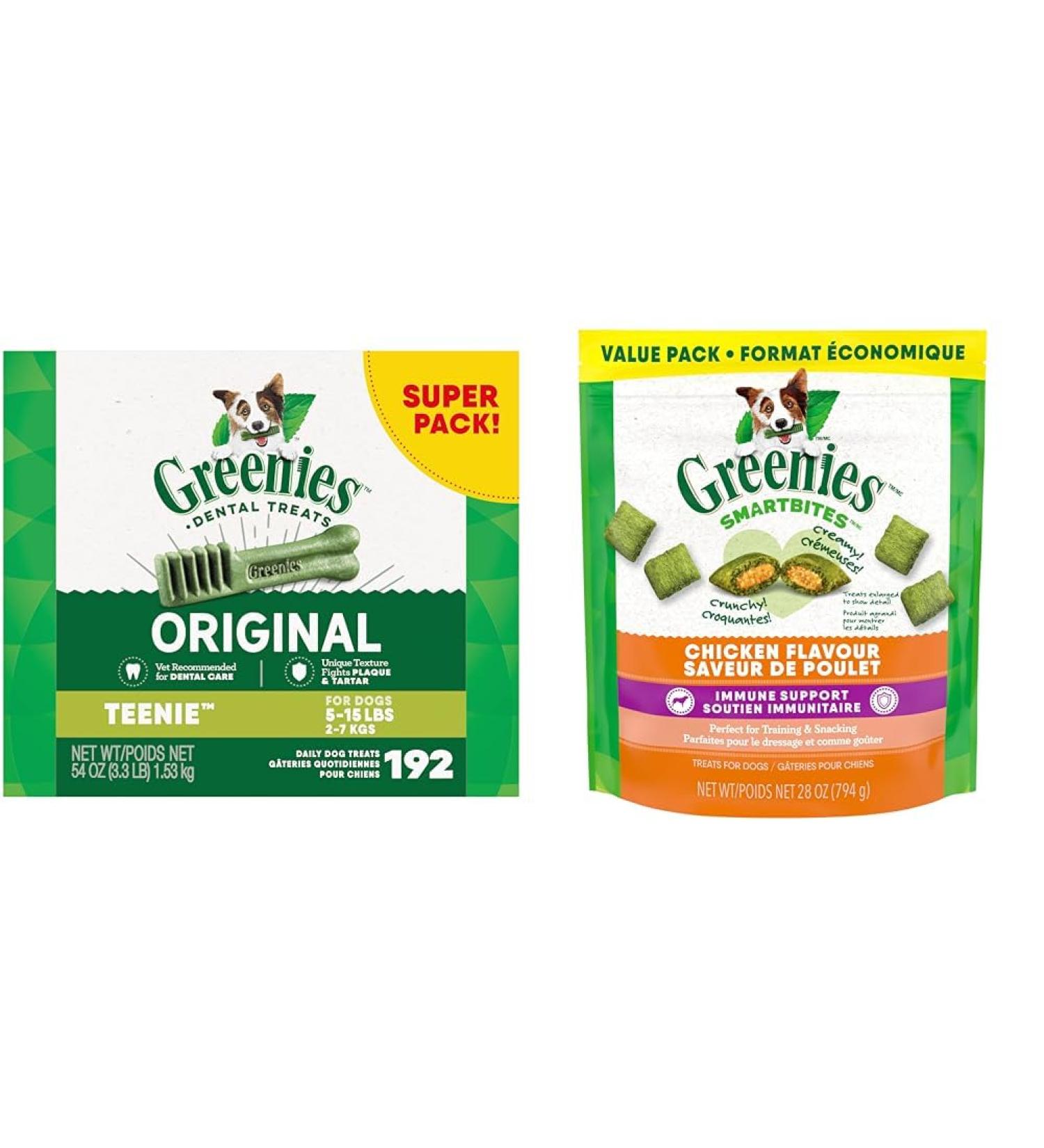 GREENIES Adult Dog Treats Original TEENIE Natural Dental Care (192 Treats) 54oz. Pack & Smartbites Dog Treats Immune Support Chicken Flavour 794g Pouch - Buy Online on GoSupps.com