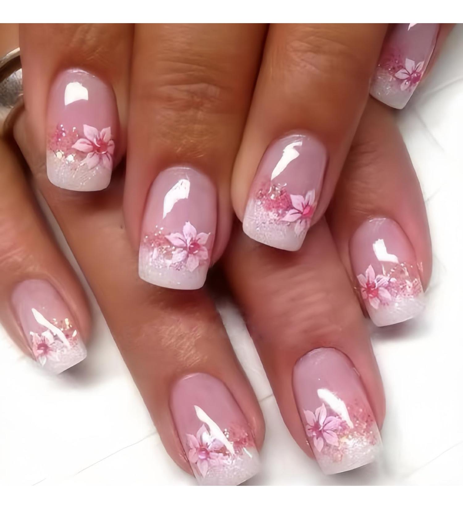 Pink Press on Nails - Medium Square Fake Nails with Flower Designs | Glossy Nude Pink Cherry Blossom - Reusable Acrylic Full Cover - 24PCS - Buy Online on GoSupps.com