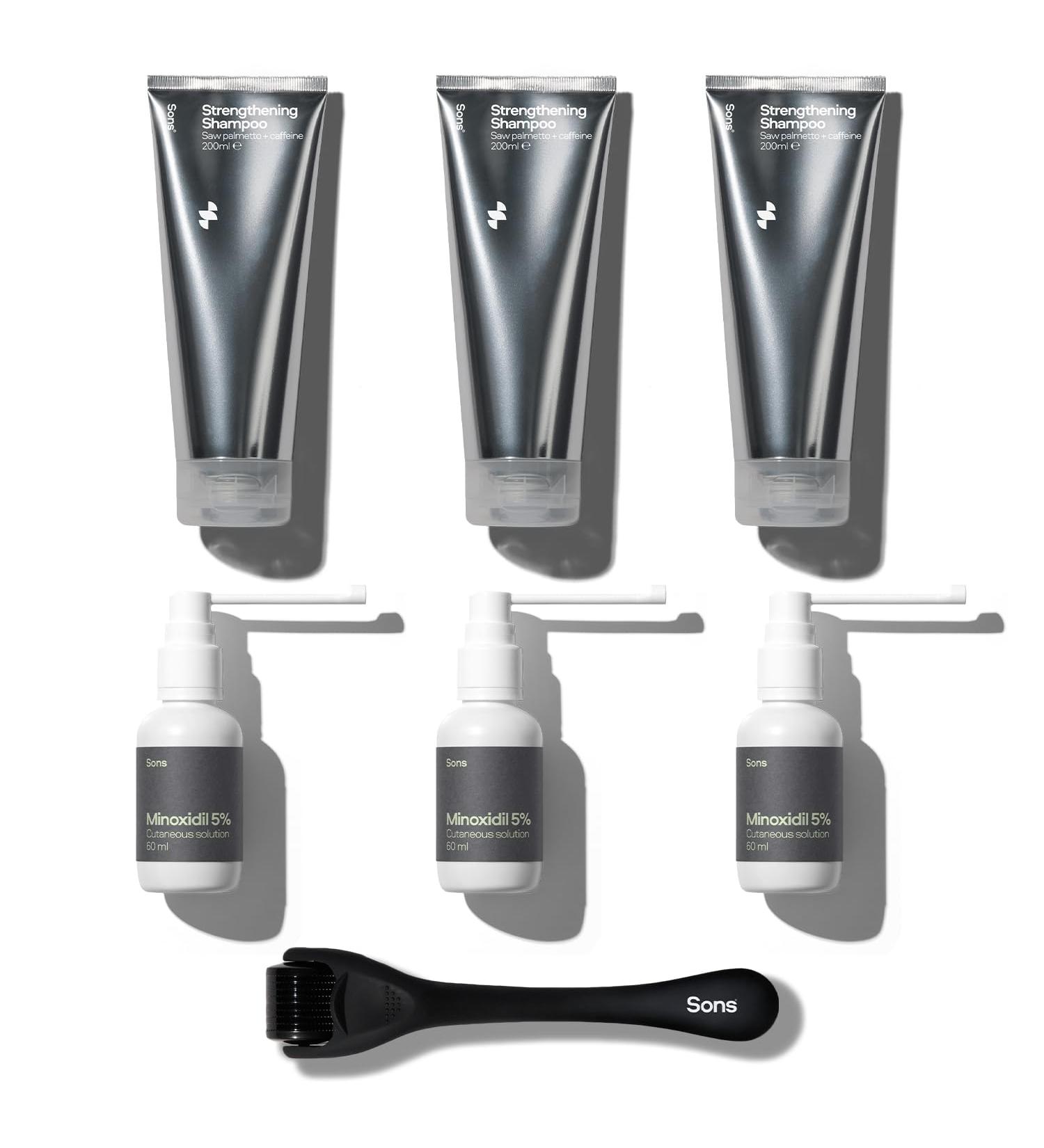 Sons Minoxidil 5% Strengthening Shampoo and Dermaroller - Cutaneous Solution & DHT Blocking Head Wash for Male Hair Loss & Thinning - Hair Care for Thick & Strong Regrowth - 3 Month Supply 3 Month (Pack of 3) - Buy Online on GoSupps.com
