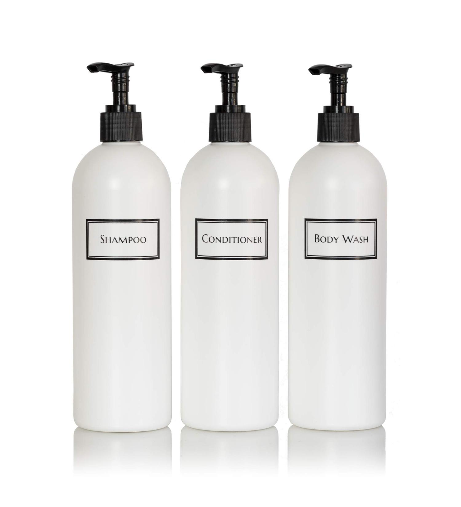 Artanis Home Silkscreened Shower Bottle Set - Shampoo, Conditioner, Body Wash - 16 oz 3-Pack (White) - Black Pumps - Buy Online on GoSupps.com