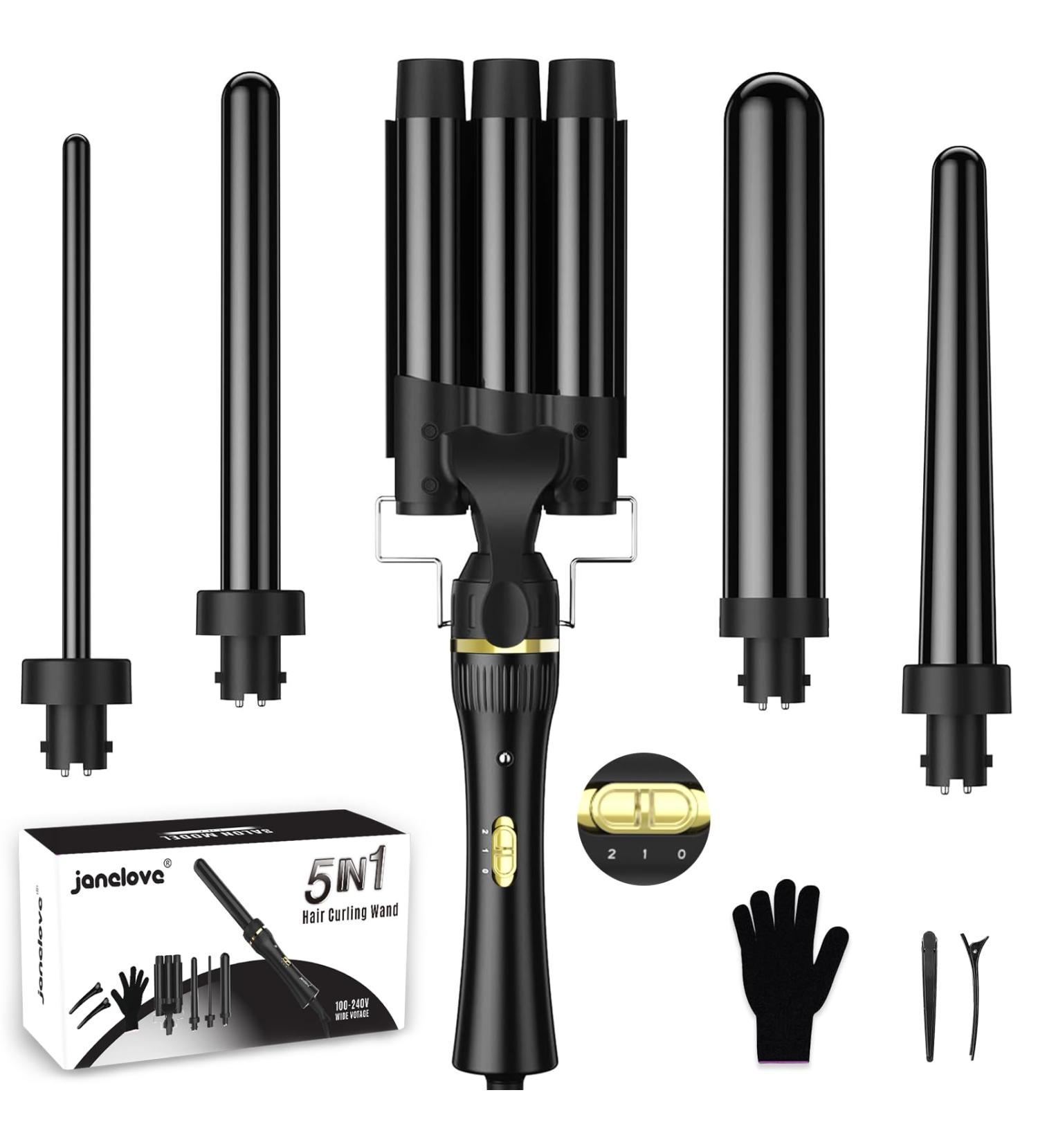 Janelove 5 in 1 Curling Iron Set - 3 Barrels Tourmaline Ceramic Wave Iron for Large & Small Curls 180 C/210 C for Short & Long Hair (Black) - Buy Online on GoSupps.com
