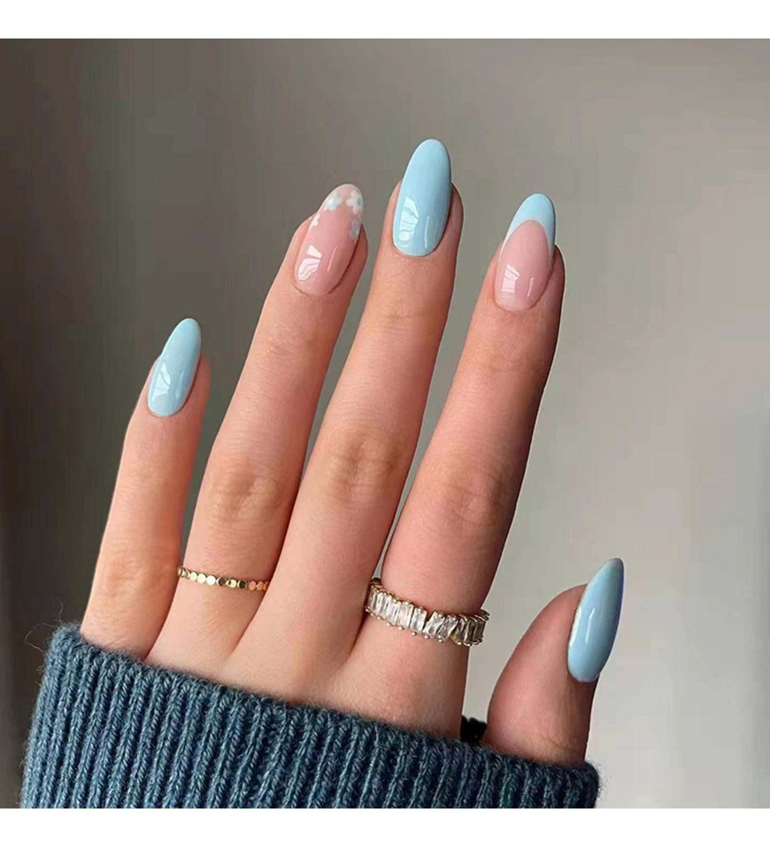 JUSTOTRY 24 Pcs Almond False Nails - Short Pale Blue French Flower Pattern Fake Nails with Nail Glue for Women - Buy Online on GoSupps.com
