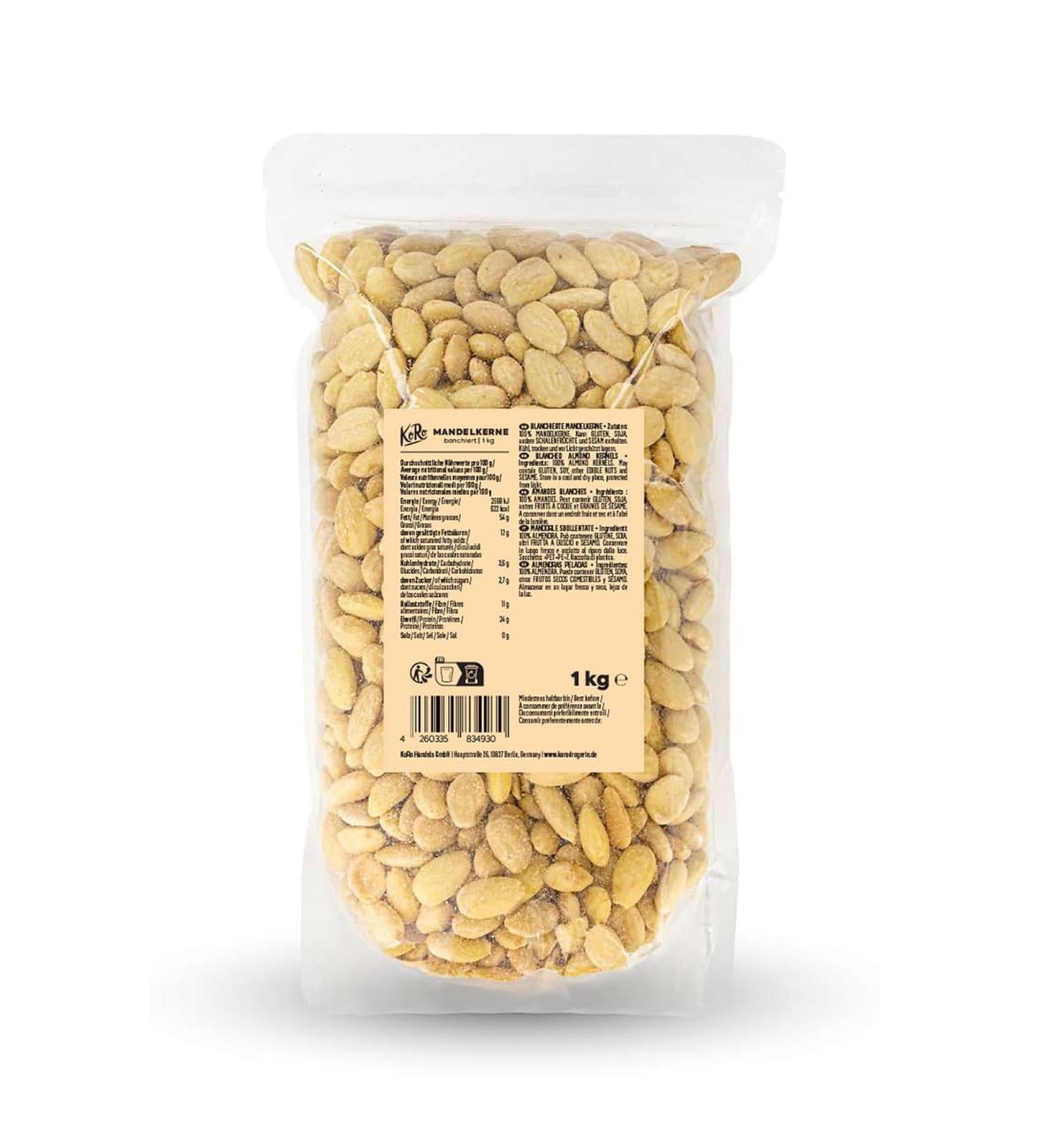 KoRo Blanched Almonds 1kg - Pure Peeled Almonds No Additives Value Pack for Healthy Snacking - International Shipping Available - Buy Online on GoSupps.com