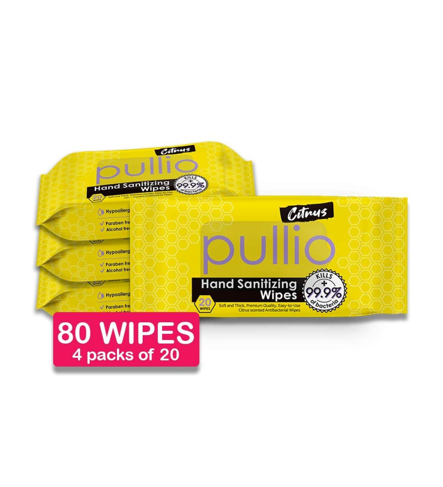 Pullio Hand Sanitizing Wet Wipes | Alcohol-Free & Hypoallergenic Formula | Citrus Peppermint Scent | 4 Packs (20ct) - Clean Hands for Everyone - Buy Online on GoSupps.com