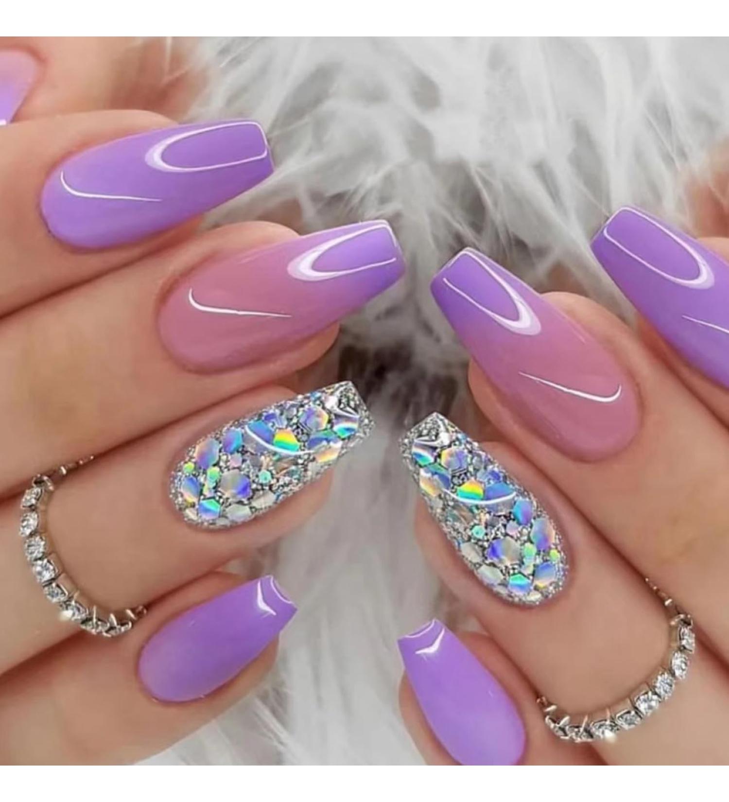 Shop Press on Nails - Medium Coffin Purple French Gradient - Glitter Full Cover Acrylic Nails | Reusable & Glossy - Perfect for Manicure - Buy Online on GoSupps.com