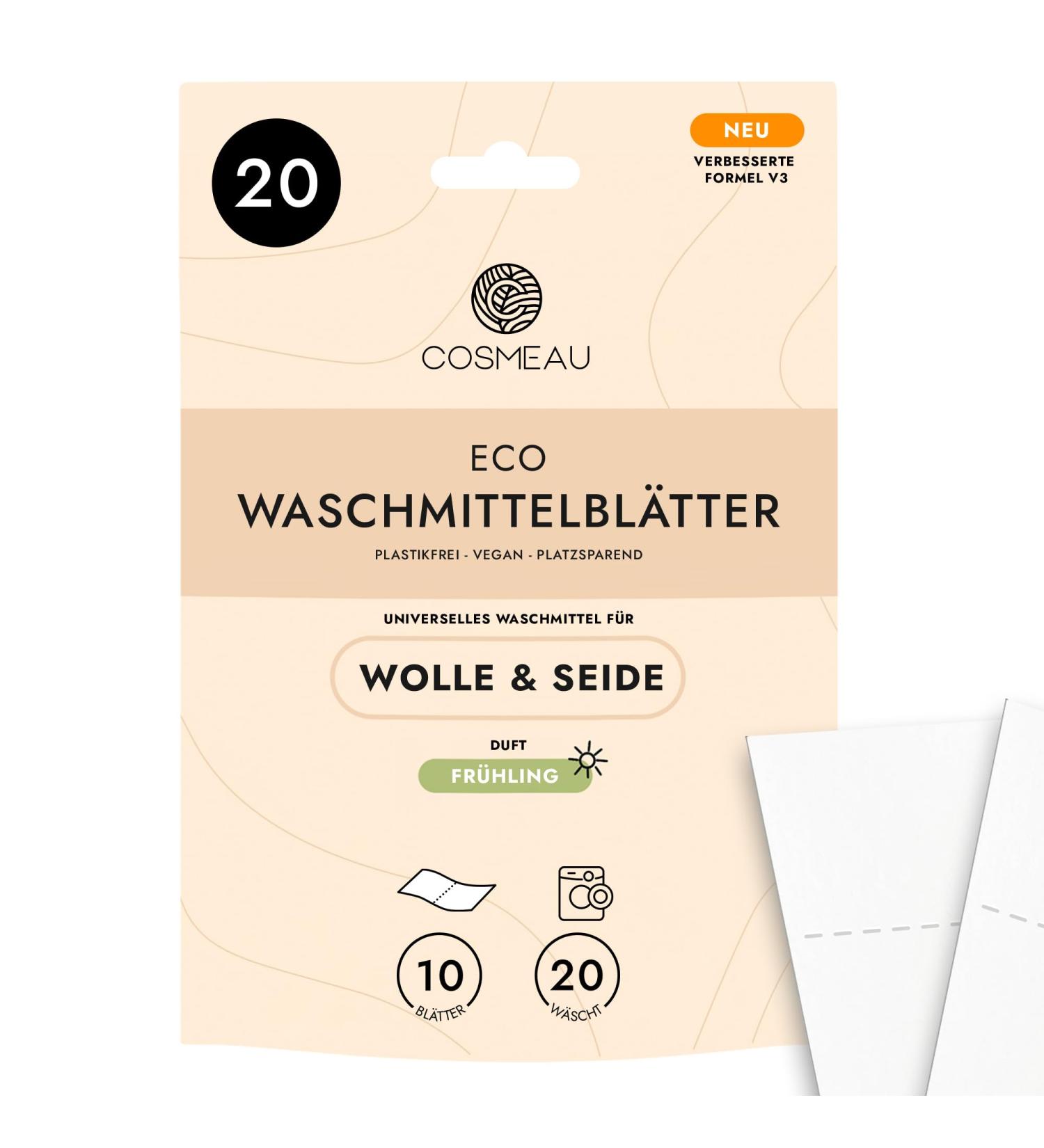 Cosmeau Sustainable Detergent Leaves for Wool & Silk - Fresh Spring Scent - 10 Plastic-Free Leaves - Up to 20 Washes - Eco-Friendly Travel Solution - Buy Online on GoSupps.com