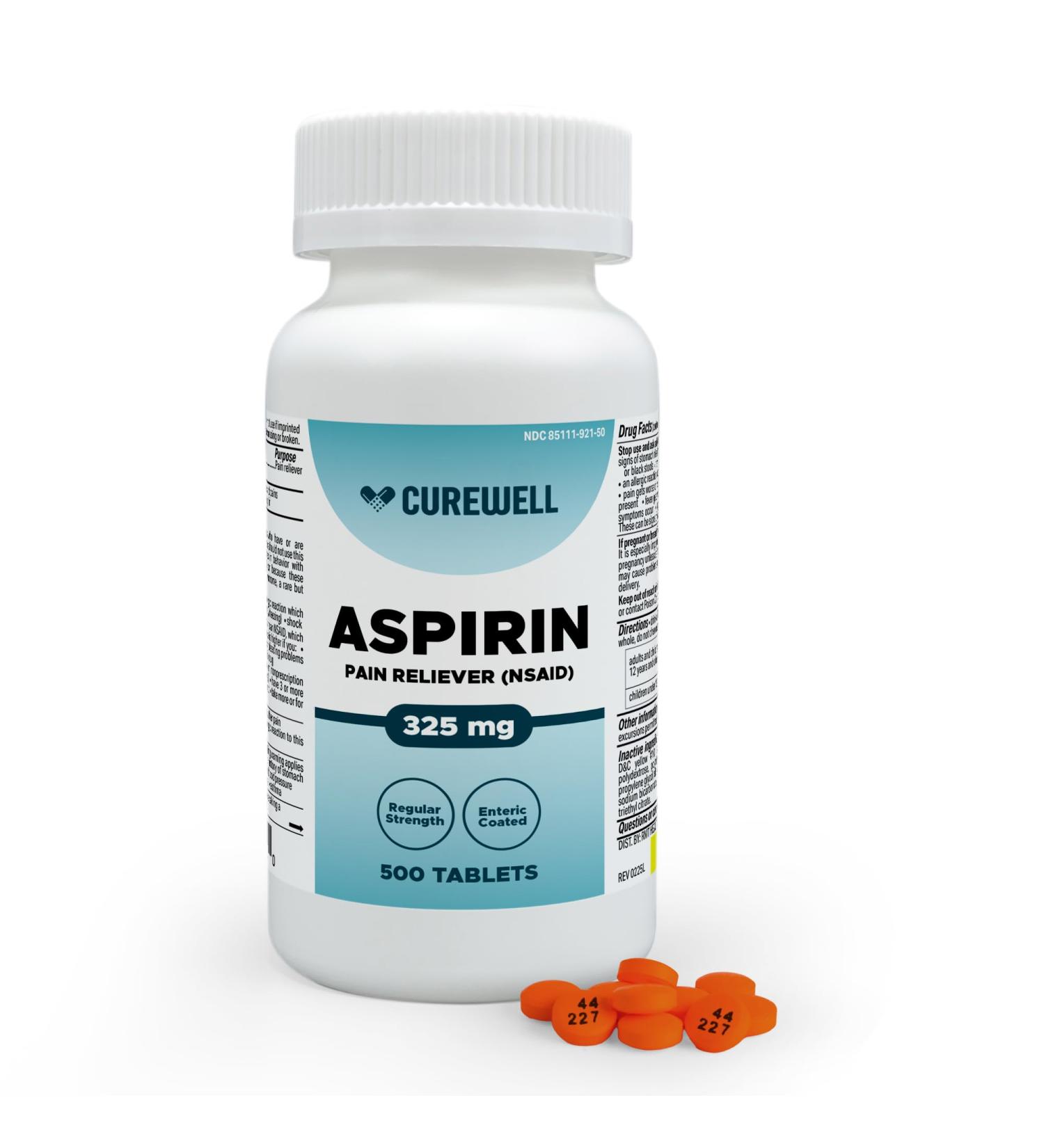 CUREWELL Enteric Coated Aspirin Tablets 325mg (500 Count) NSAID Pain Reliever & Fever Reducer Coated Aspirin for Adults - Regular Strength for Headache Arthritis Menstrual & Muscle Pain - Buy Online on GoSupps.com