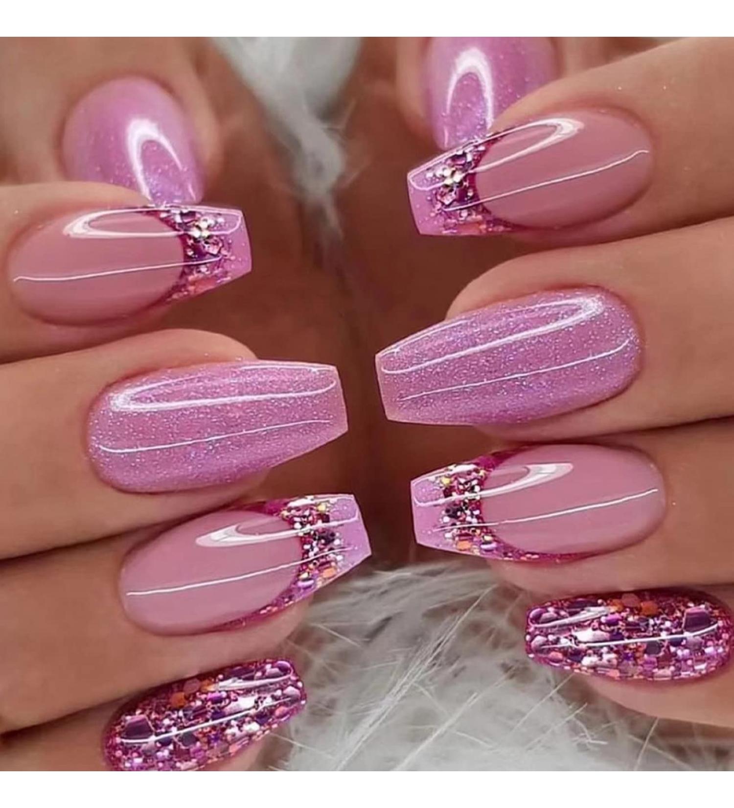 Fashionable Hot Pink Glitter French Tips Press On Nails - 24Pcs Medium Coffin Nails for Women and Girls - Buy Online on GoSupps.com