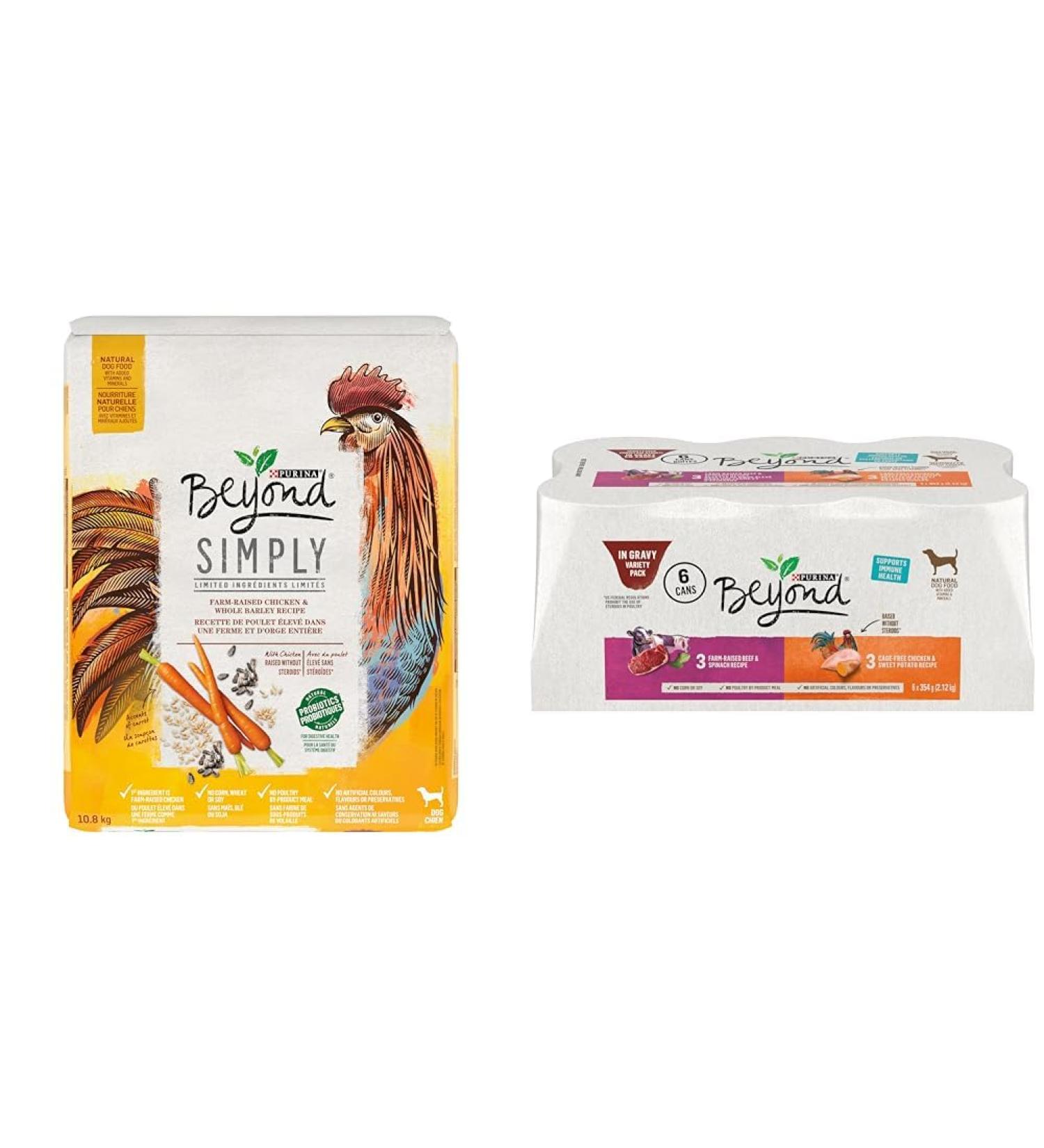 Beyond Simply Natural Dry Dog Food Farm-Raised Chicken & Whole Barley- 10.8 kg Bag & Natural Wet Dog Food in Gravy Variety Pack 2 Flavours - 354 g Can (6 Pack) 10.8 kg (Pack of 1)+ 354 g (Pack of 1) - Buy Online on GoSupps.com