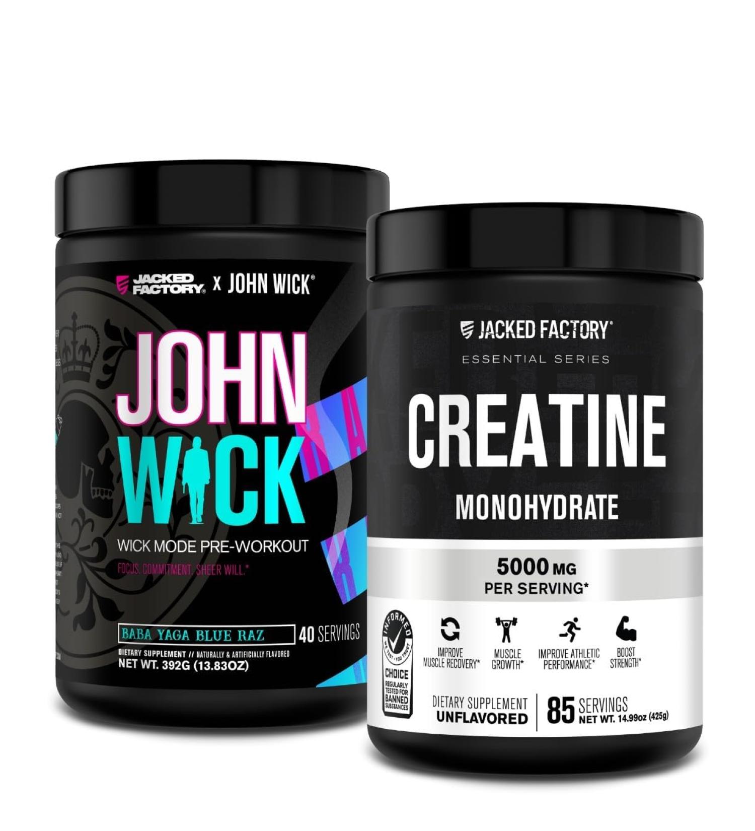 Jacked Factory X John Wick - Wick Mode Pre Workout Powder (Baba Yaga Blue Raz 40 Servings) & Creatine Monohydrate Powder (Unflavored 85 Servings) - Buy Online on GoSupps.com