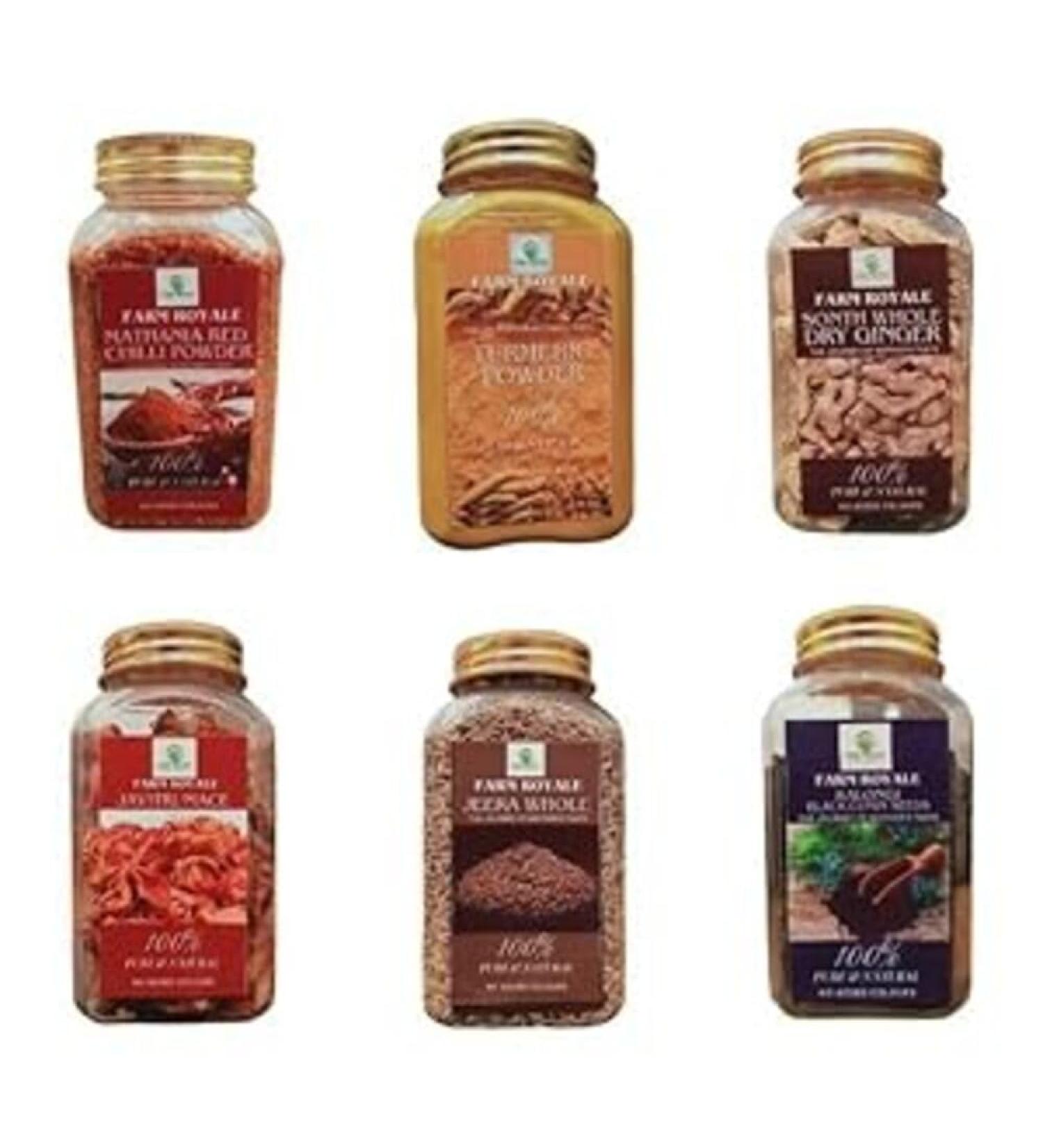 Farm Royale Spice Combo(Turmeric Powder Dry Ginger Javitri Mathania Red Chilli(Lal Mirch) Powder Jeera Whole Kalongi) - Buy Online on GoSupps.com