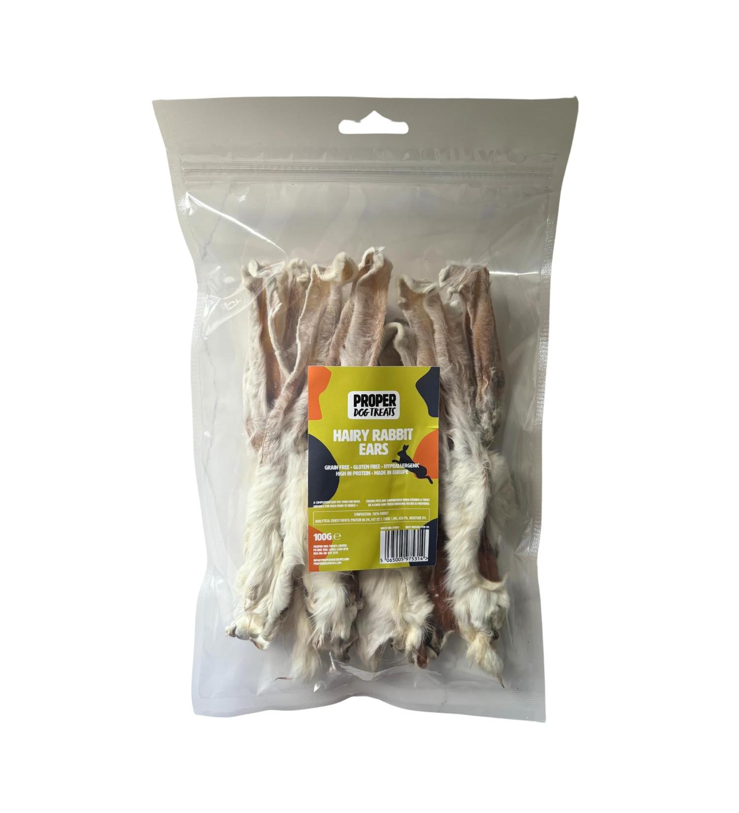 Proper Dog Treats Hairy Rabbit Ears 100g | Rabbit Ears with Fur Grain Free Hypoallergenic