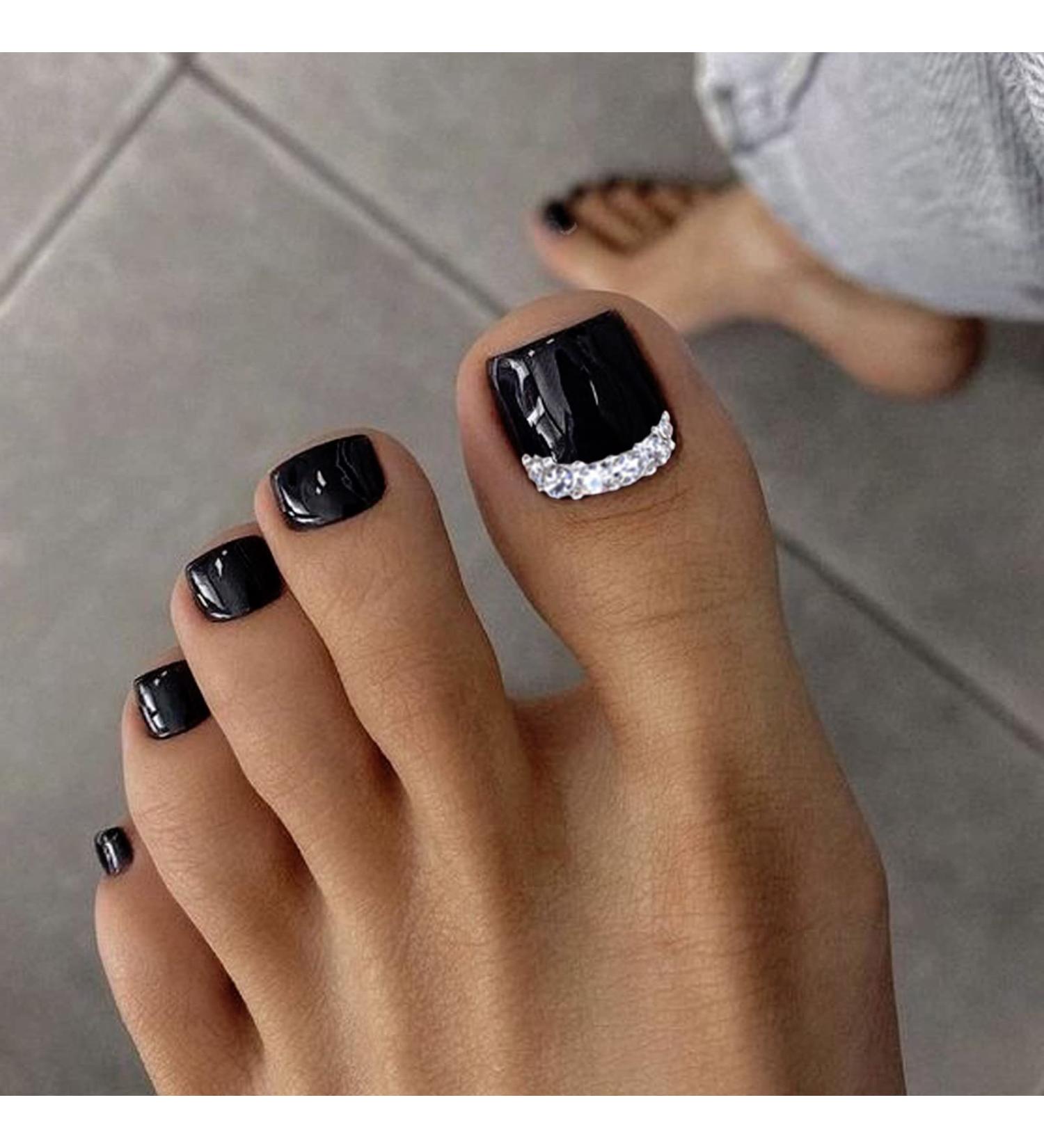 VOTACOS Short Square Press On Toe Nails - Black French Tip with Rhinestones | 24PCS Full Cover Glossy Acrylic Toe Nails for Women - Buy Online on GoSupps.com