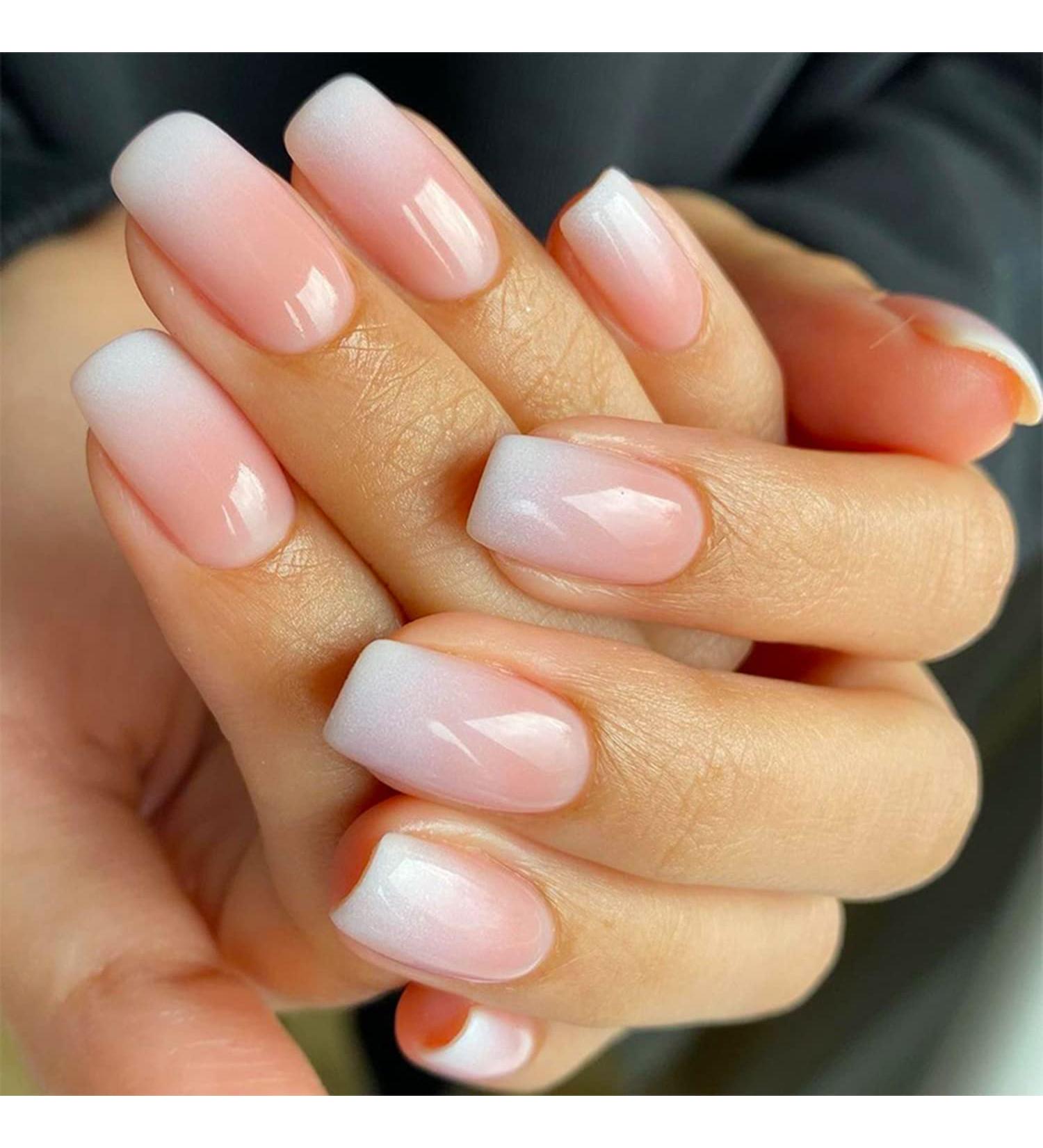 24PCS Square Pink White Gradient Press On False Nails - Glossy White French Acrylic Designs for Women and Girls - Buy Online on GoSupps.com
