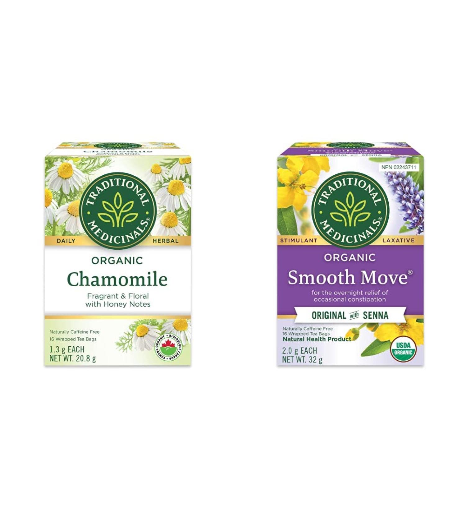 Traditional Medicinals Organic Chamomile Herbal Tea 16 Count Teabags & Organic Smooth Move Laxative Herbal Tea - Gentle Overnight Relief of Occasional Constipation - 16 Tea Bags Total Herbal Tea + Tea 16 Count (Pack of 1) Chamomile 16 Count (Pack of 1) - Buy Online on GoSupps.com