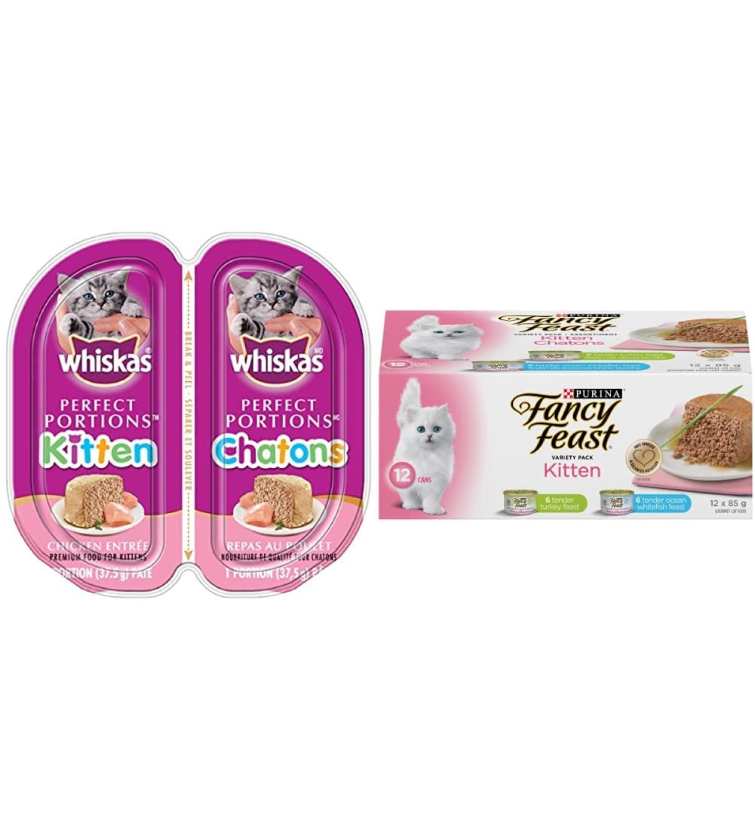 WHISKAS Perfect Portions Kitten Wet Cat Food Pat - Chicken Entr e 75g (24Pack) + Fancy Feast Kitten Wet Kitten Food Variety Pack (12 pack) Cat Food + Wet Kitten Food Kitten 75 g (Pack of 24)