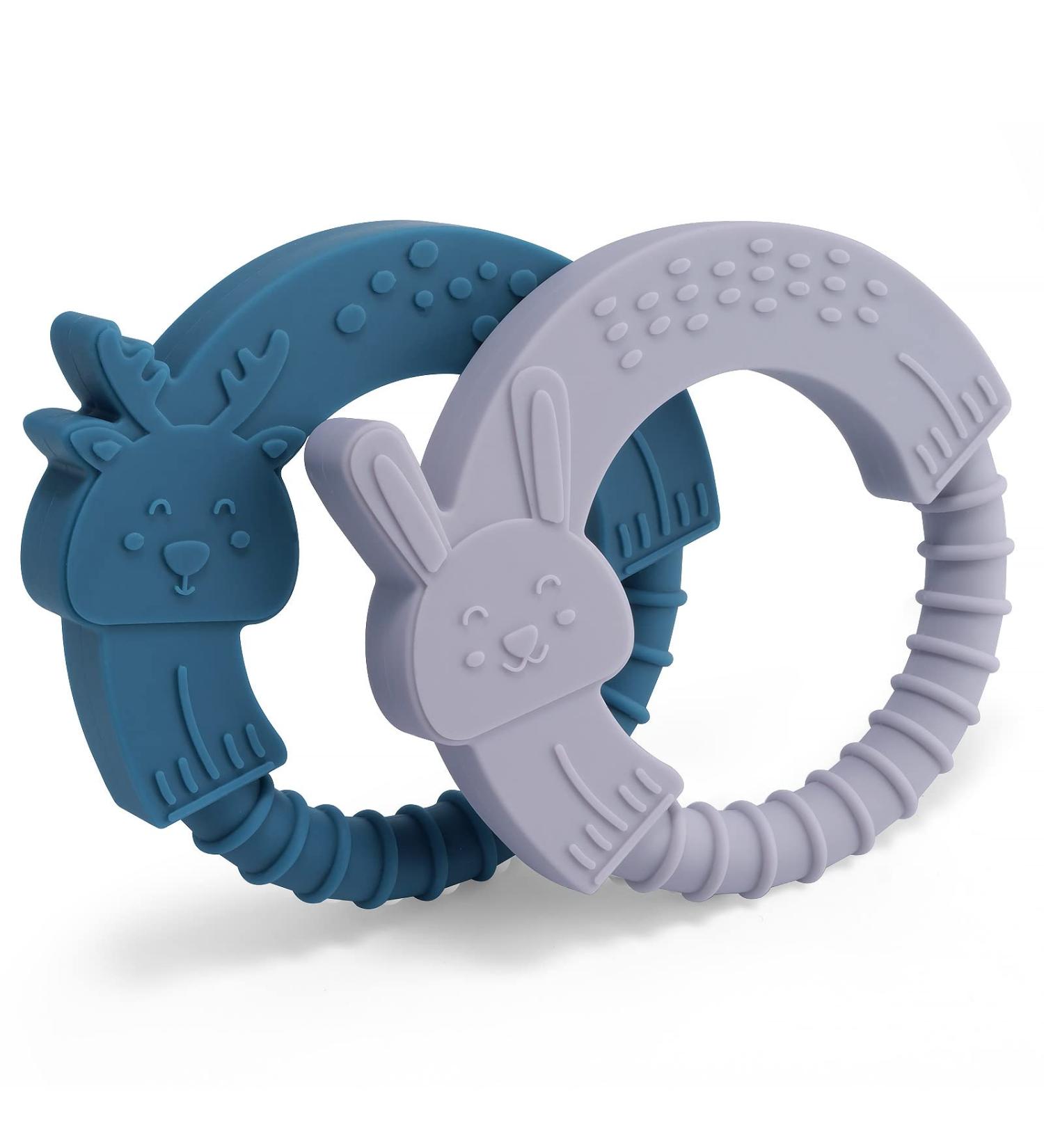 TYRY.H Baby Teether Gift Set: BPA-Free Silicone Teething Toys for Babies 0-12 Months - Pain Relief 2 Pack (Blue Moose & Lavender Rabbit) - Buy Online on GoSupps.com