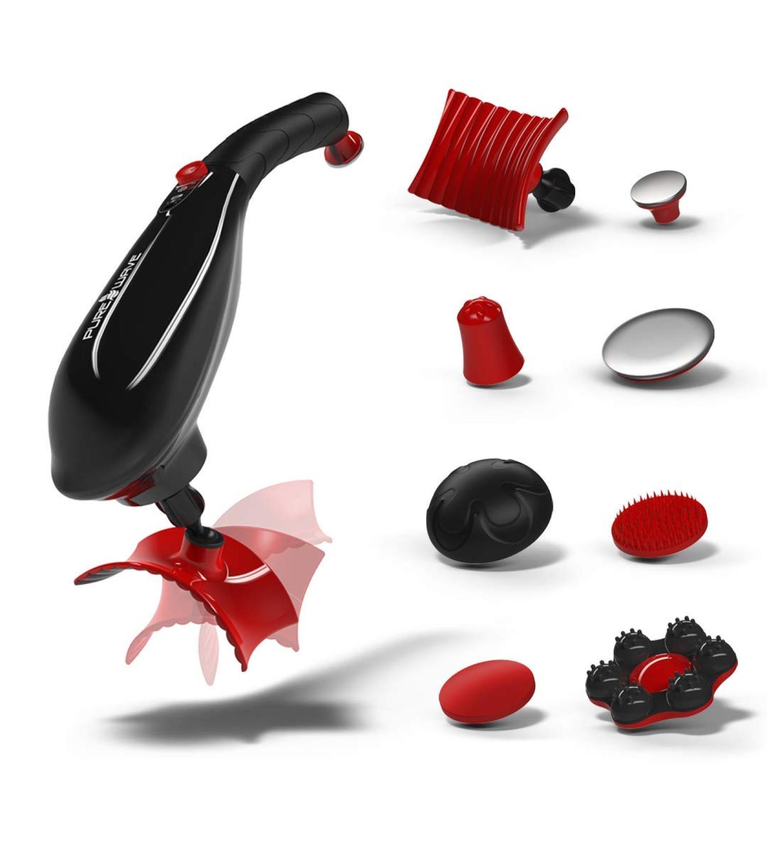 PUREWAVE CM-07 Black/Red Dual Motor Percussion & Vibration Massager - 8 Attachments - Buy Online on GoSupps.com