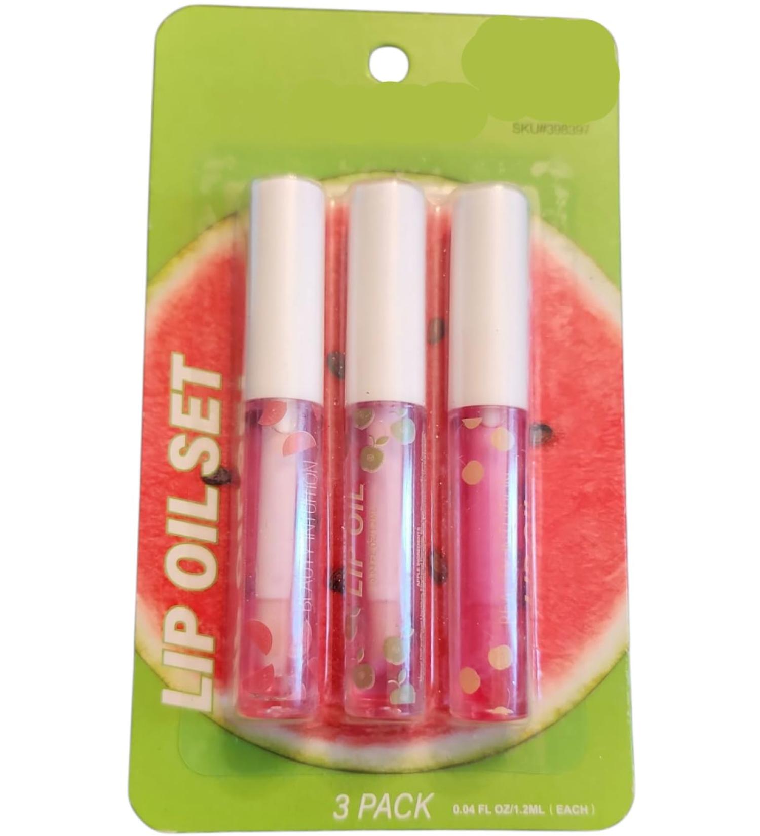 Lip Oil Set 0.04 fl oz 3 Pack: Watermelon Apple and Peach Flavors